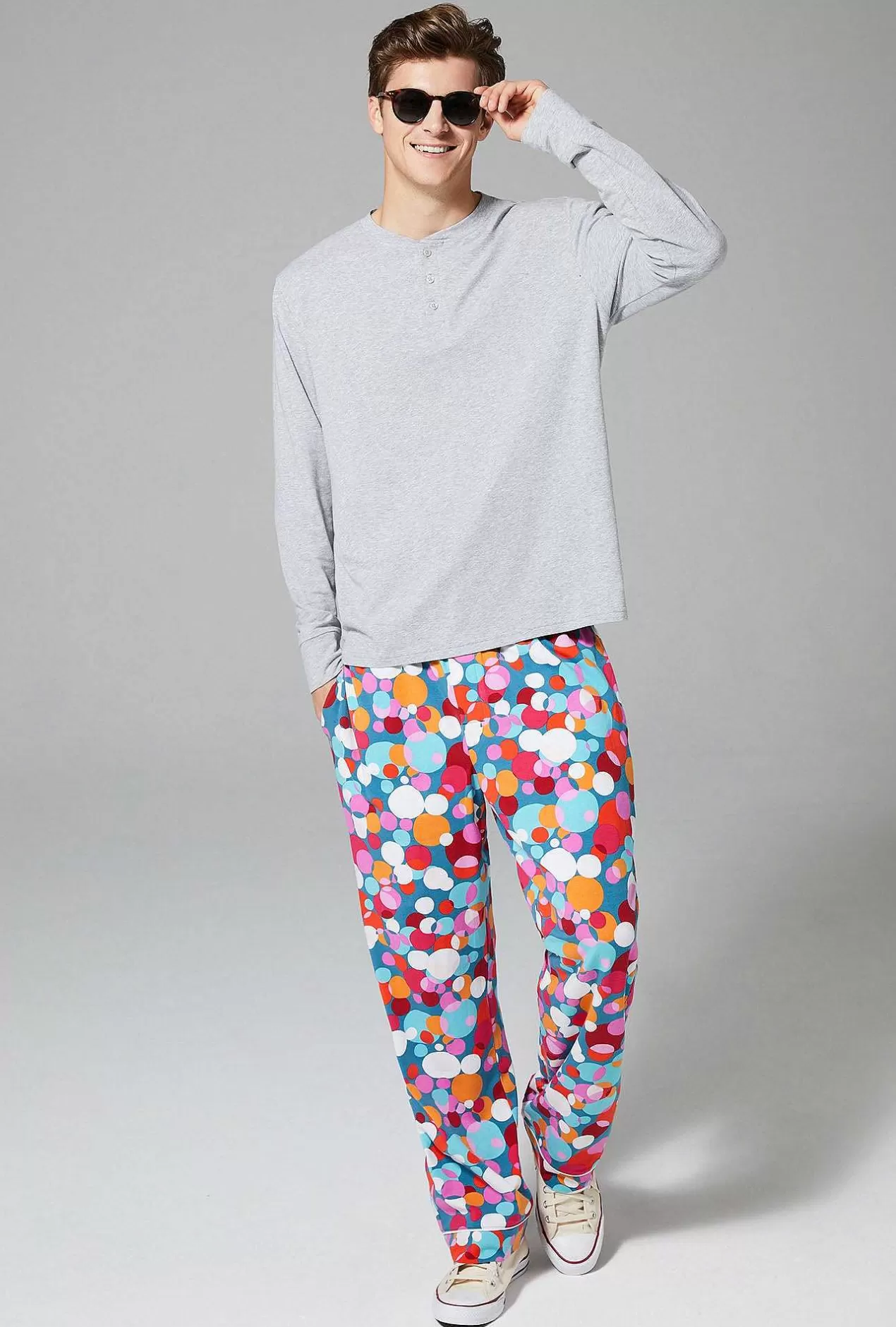 Henley Long Sleep Sets*Bedhead Pajamas Bedhead X Mr. Turk Teal Bubble Dots Men'S Long Sleeve Henley Stretch Jersey Pj Set