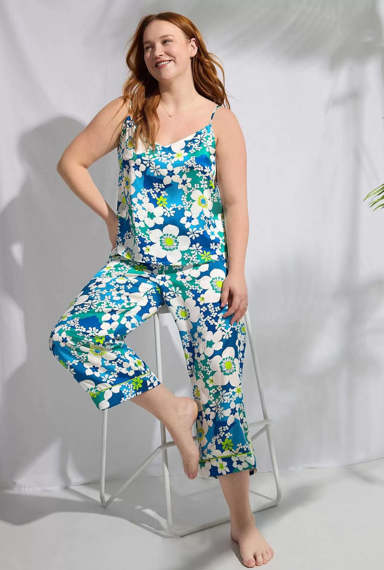 Floral Shop*Bedhead Pajamas Bedhead X Trina Turk Bali Blue Floral Women'S Cami Washable Silk Satin Cropped Pj Set