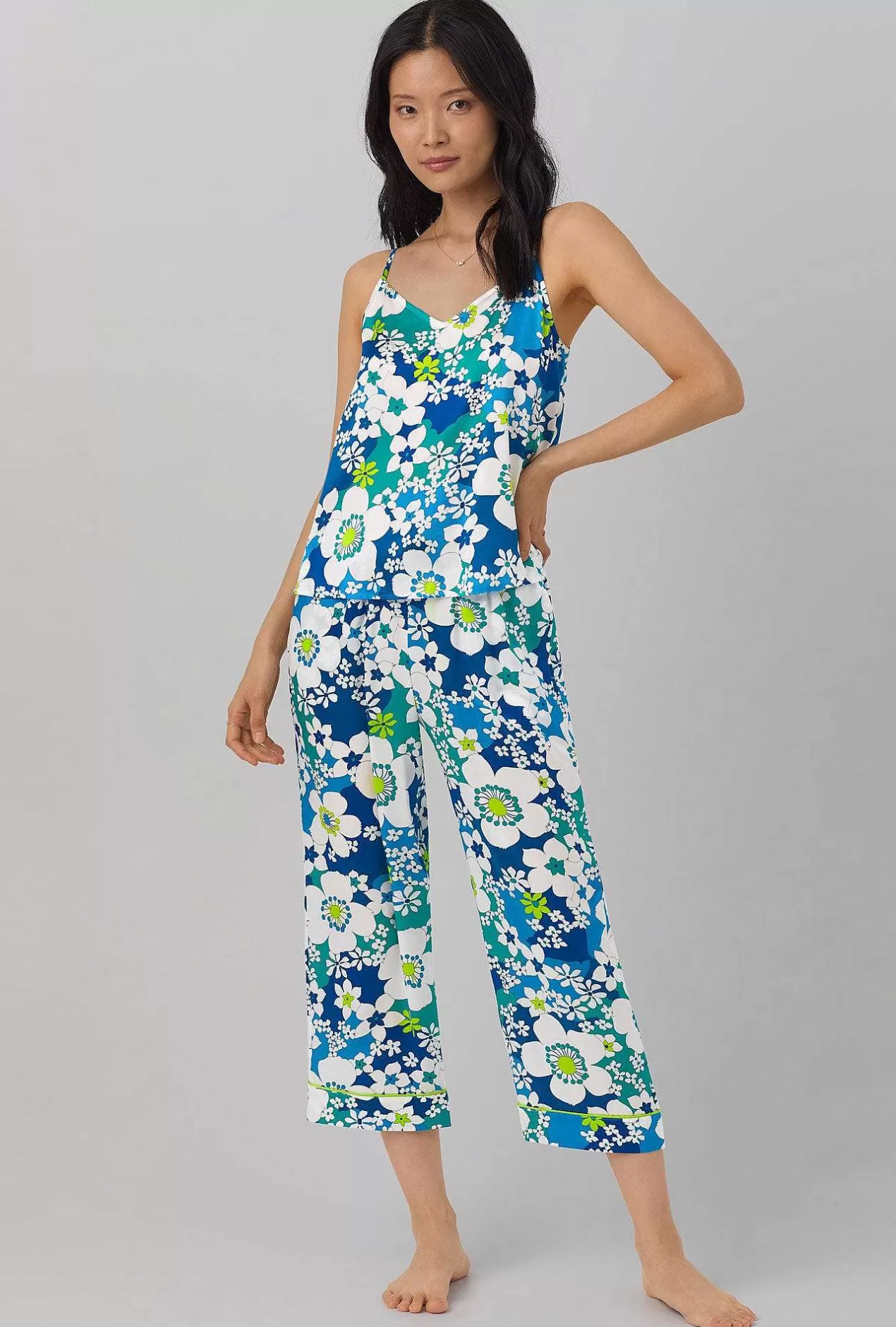 Extended Sizes*Bedhead Pajamas Bedhead X Trina Turk Bali Blue Floral Women'S Cami Washable Silk Satin Cropped Pj Set