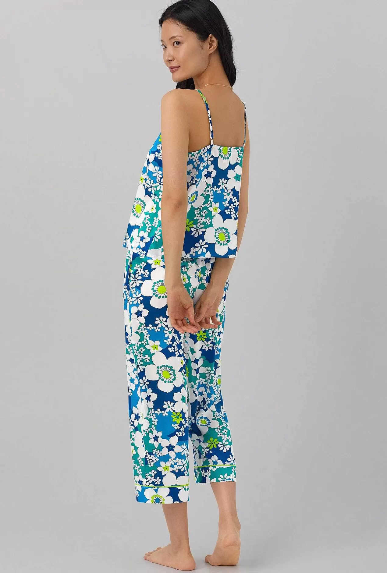 Extended Sizes*Bedhead Pajamas Bedhead X Trina Turk Bali Blue Floral Women'S Cami Washable Silk Satin Cropped Pj Set