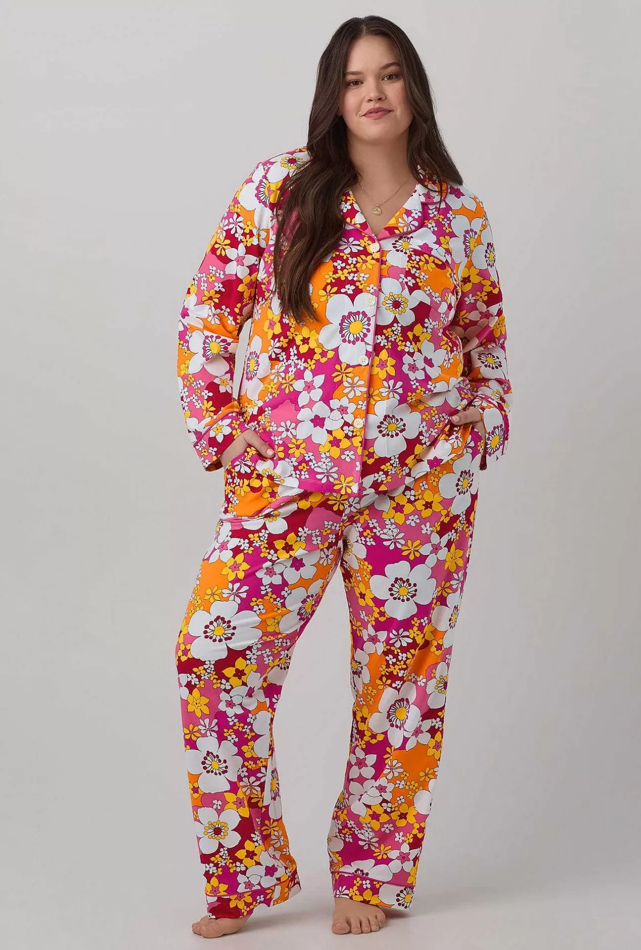 Floral Shop*Bedhead Pajamas Bedhead X Trina Turk Bali Pink Floral Women'S Long Sleeve Classic Stretch Jersey Pj Set