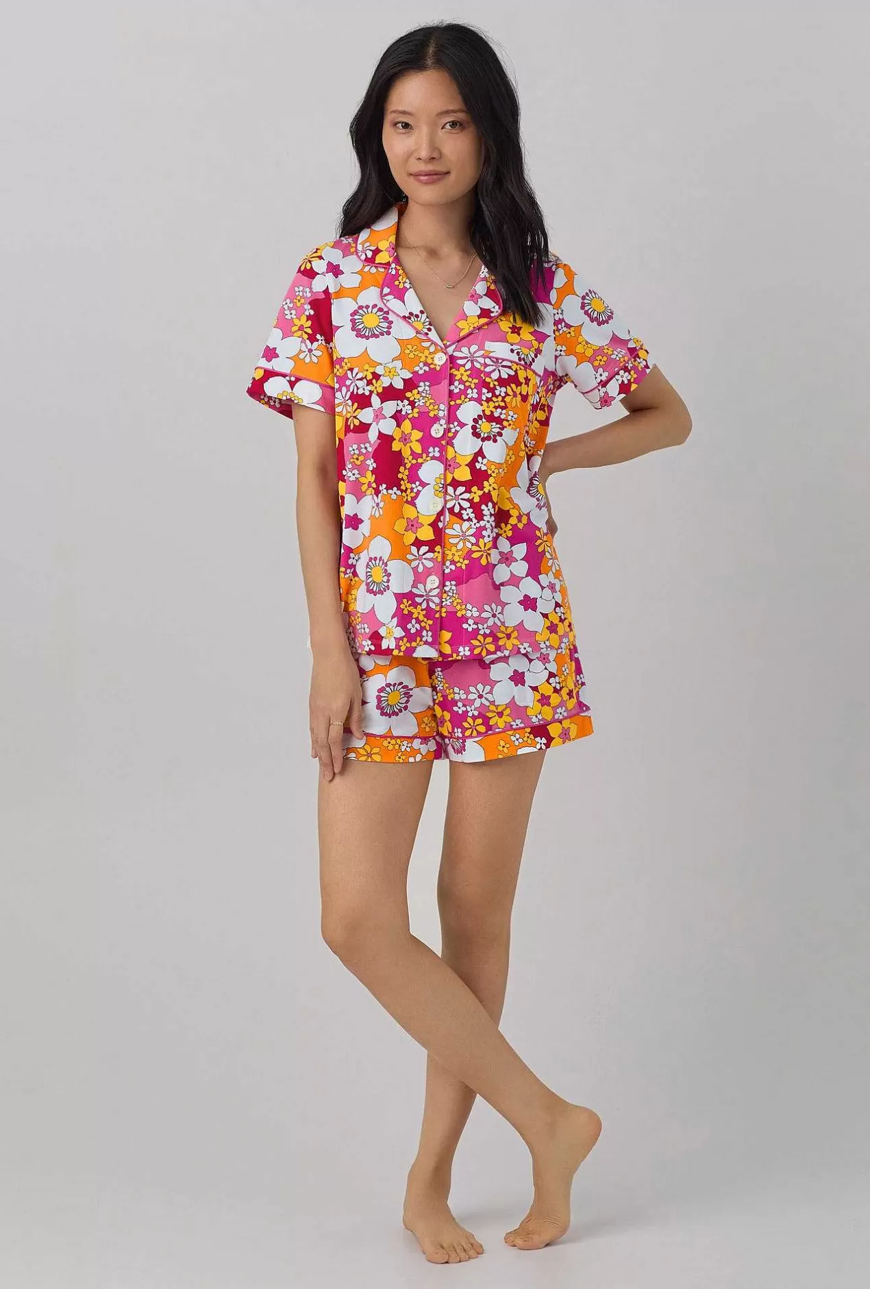 Floral Shop*Bedhead Pajamas Bedhead X Trina Turk Bali Pink Floral Women'S Short Sleeve Classic Shorty Stretch Jersey Pj Set