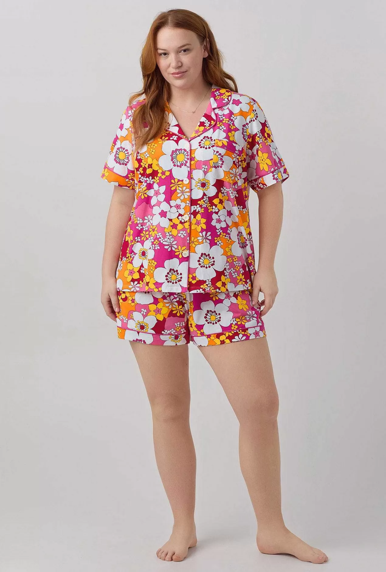 Floral Shop*Bedhead Pajamas Bedhead X Trina Turk Bali Pink Floral Women'S Short Sleeve Classic Shorty Stretch Jersey Pj Set