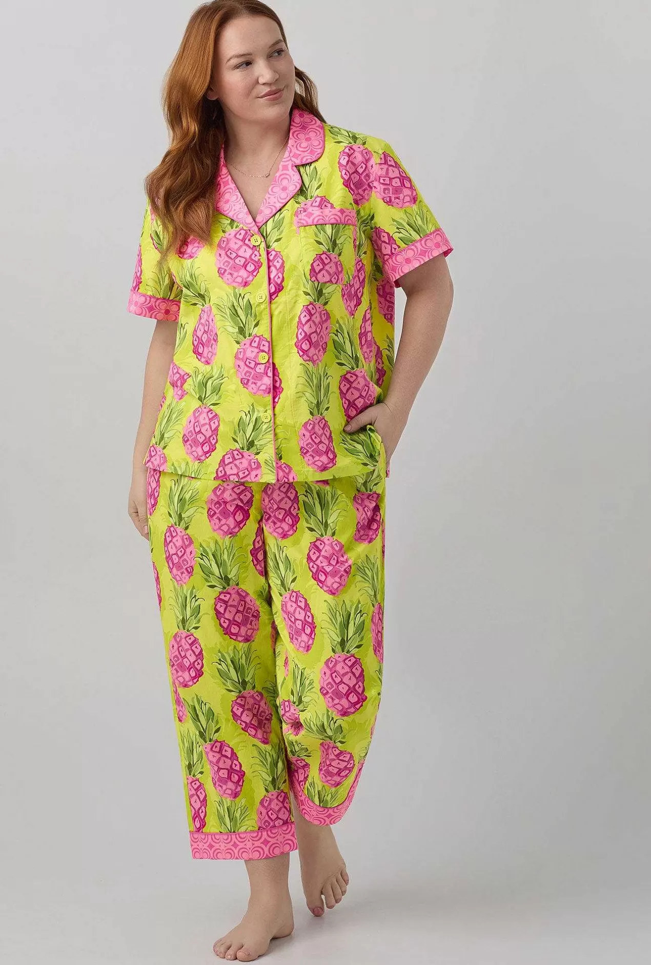 Extended Sizes*Bedhead Pajamas Bedhead X Trina Turk Kiwi Pineapple Short Sleeve Classic Woven Cotton Poplin Cropped Pj Set