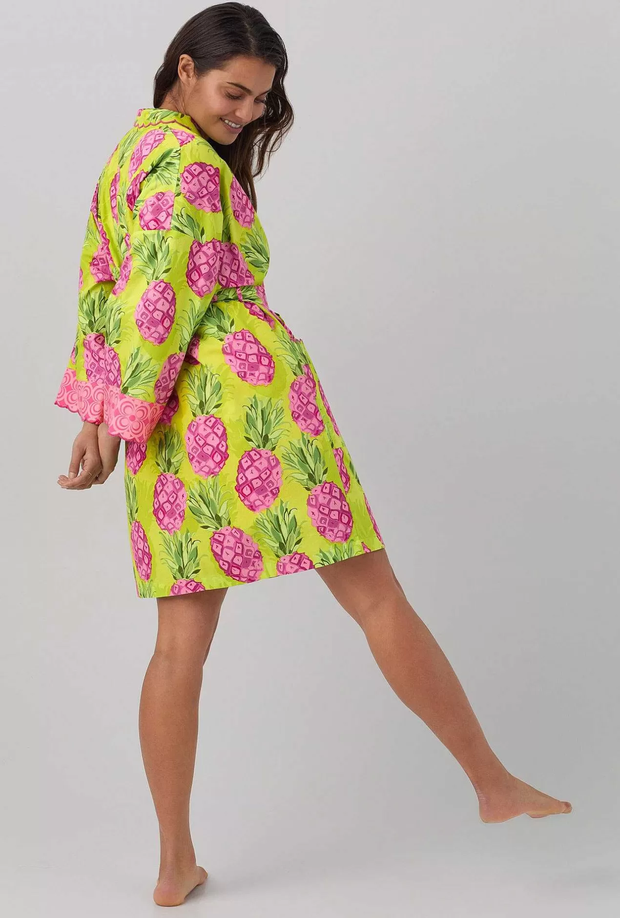 Robes*Bedhead Pajamas Bedhead X Trina Turk Kiwi Pineapple Women'S Long Sleeve Woven Cotton Poplin Robe
