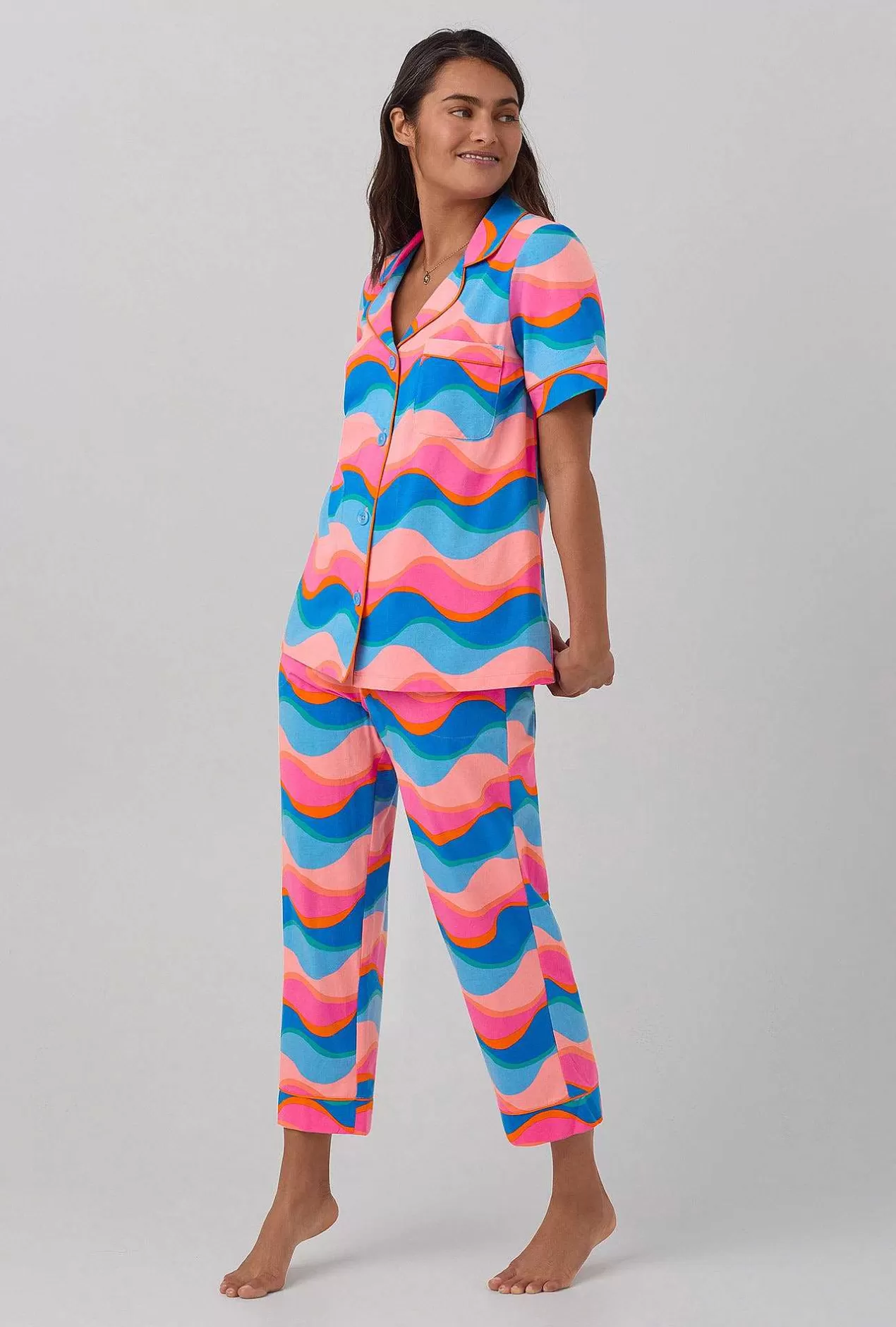 Cropped Sets*Bedhead Pajamas Bedhead X Trina Turk New Wave Women'S Short Sleeve Classic Stretch Jersey Cropped Pj Set