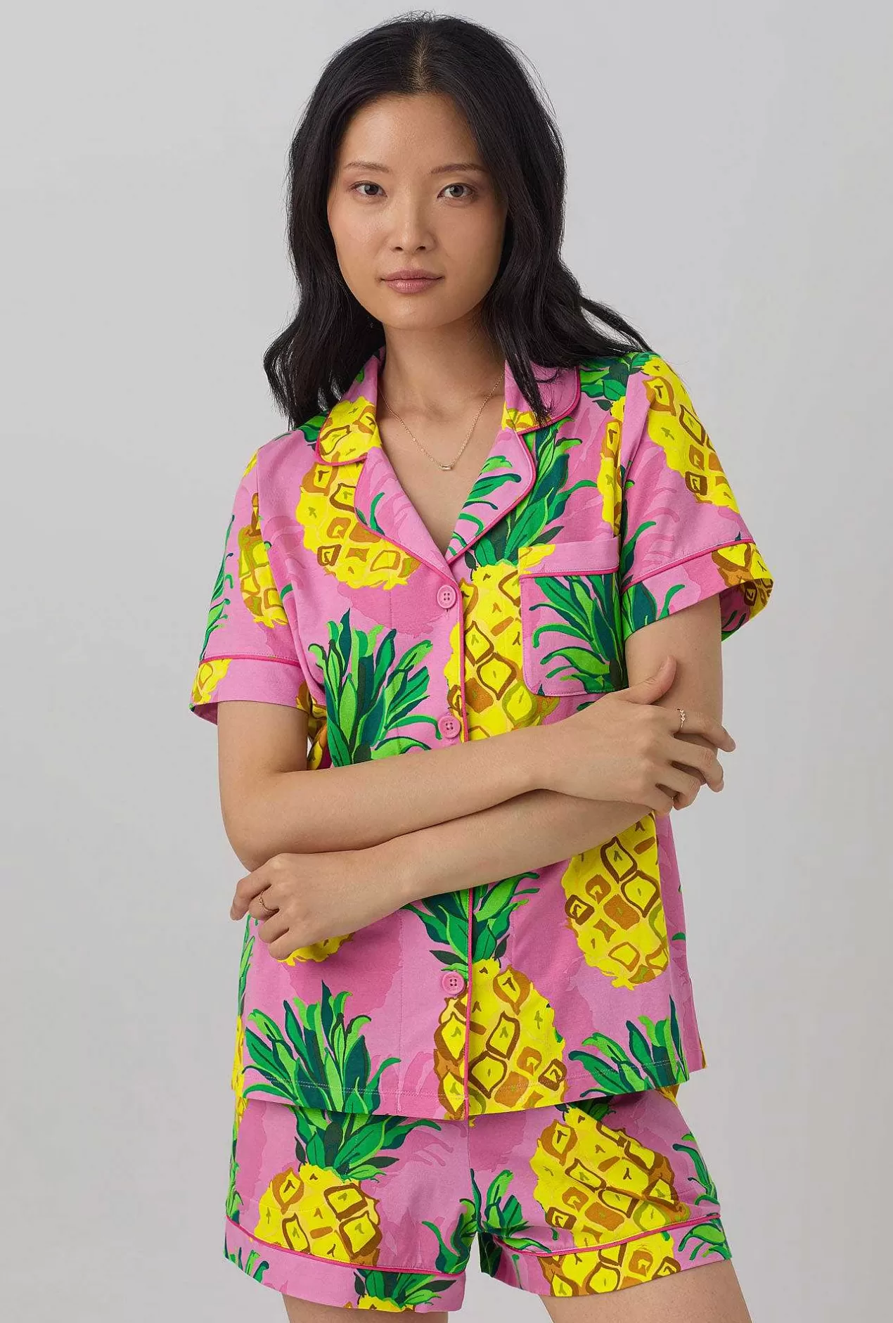 Shorty Sets*Bedhead Pajamas Bedhead X Trina Turk Pineapples Women'S Short Sleeve Classic Shorty Stretch Jersey Pj Set