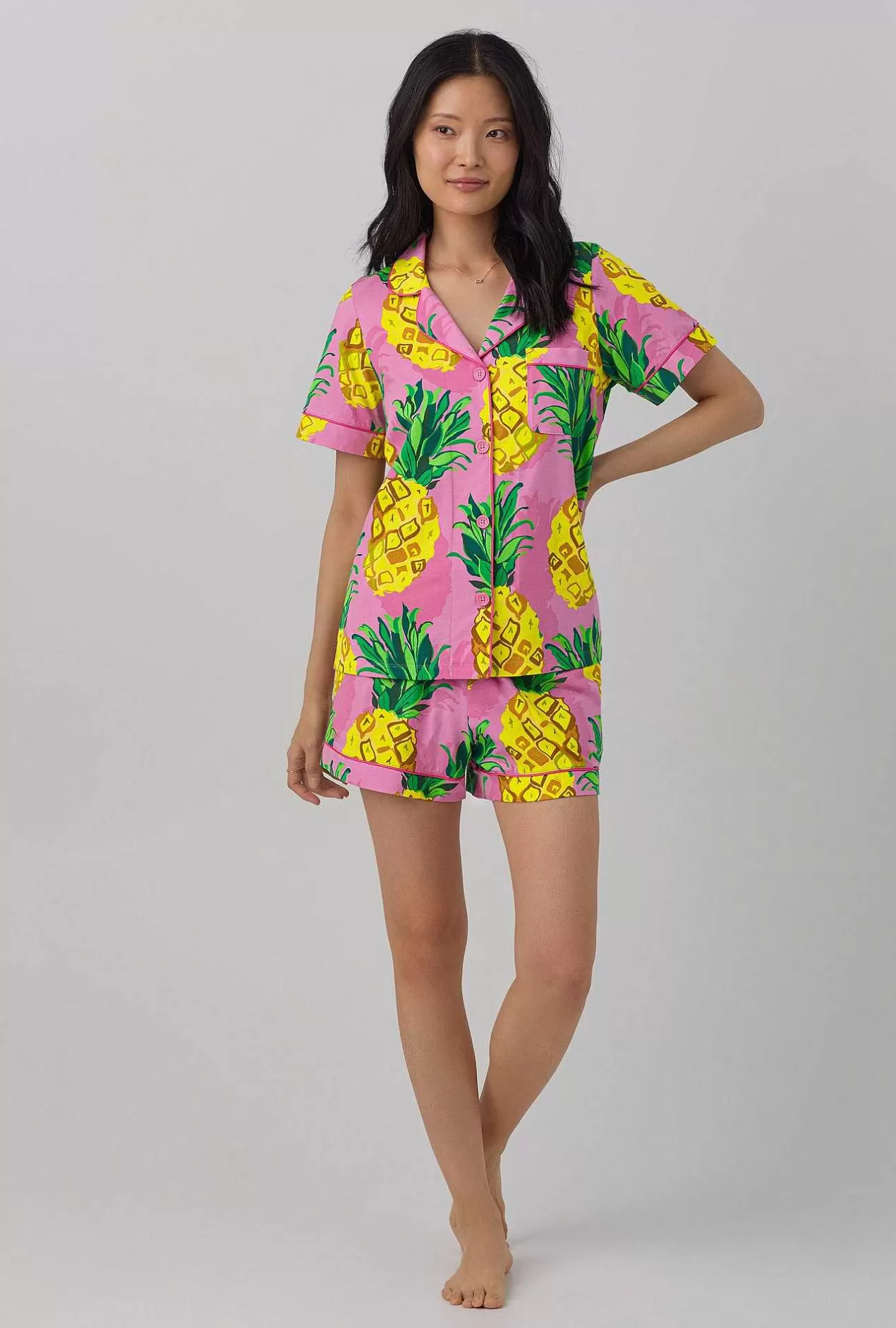 Shorty Sets*Bedhead Pajamas Bedhead X Trina Turk Pineapples Women'S Short Sleeve Classic Shorty Stretch Jersey Pj Set