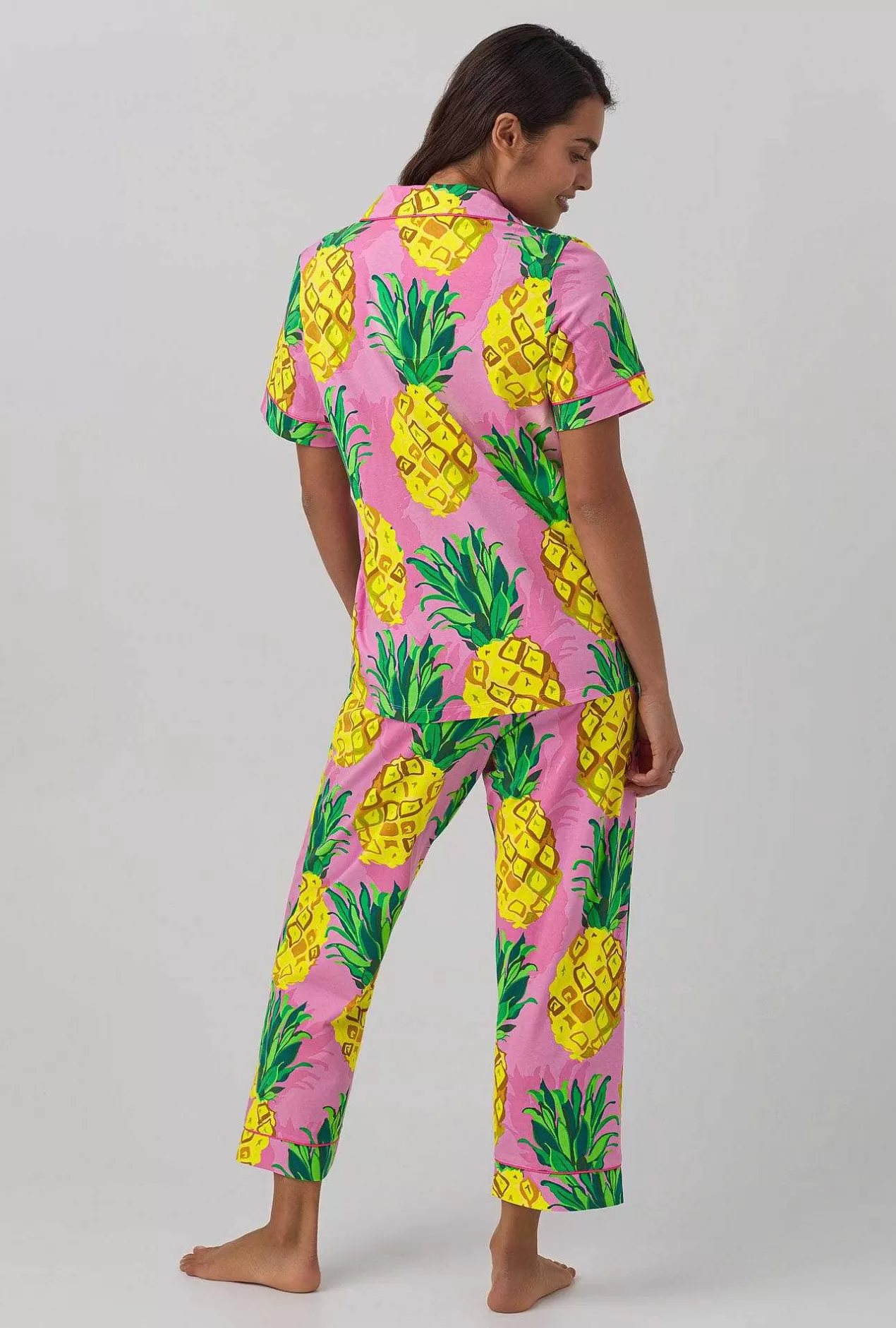 Extended Sizes*Bedhead Pajamas Bedhead X Trina Turk Pineapples Women'S Short Sleeve Classic Stretch Jersey Cropped Pj Set