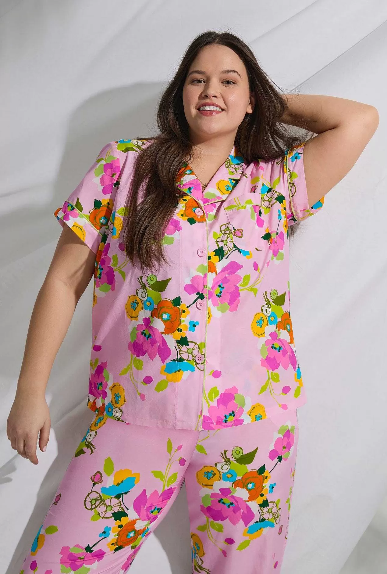 Cropped Sets*Bedhead Pajamas Bedhead X Trina Turk Summer Blooms Women'S Short Sleeve Classic Woven Cotton Silk Cropped Pj Set