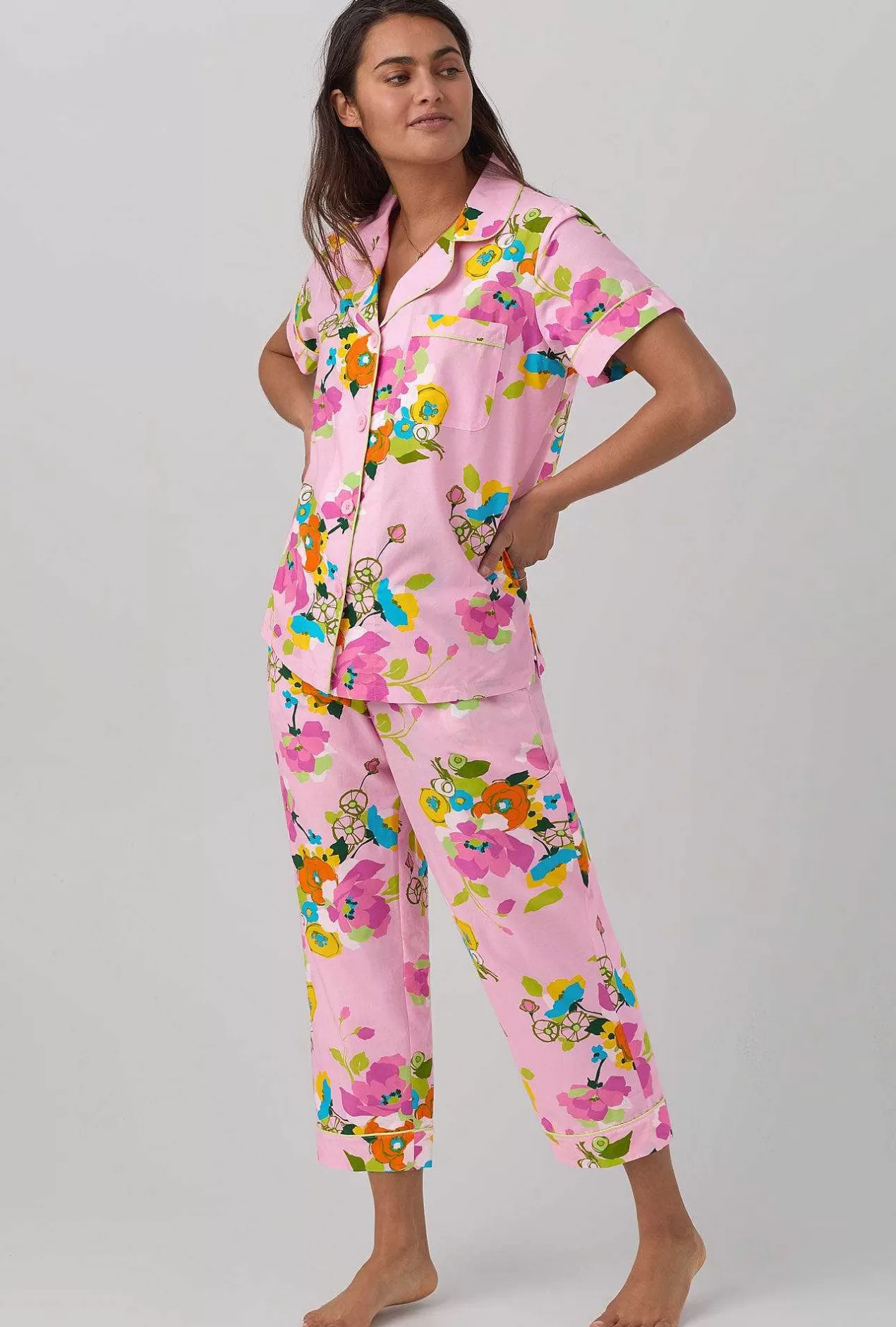 Extended Sizes*Bedhead Pajamas Bedhead X Trina Turk Summer Blooms Women'S Short Sleeve Classic Woven Cotton Silk Cropped Pj Set