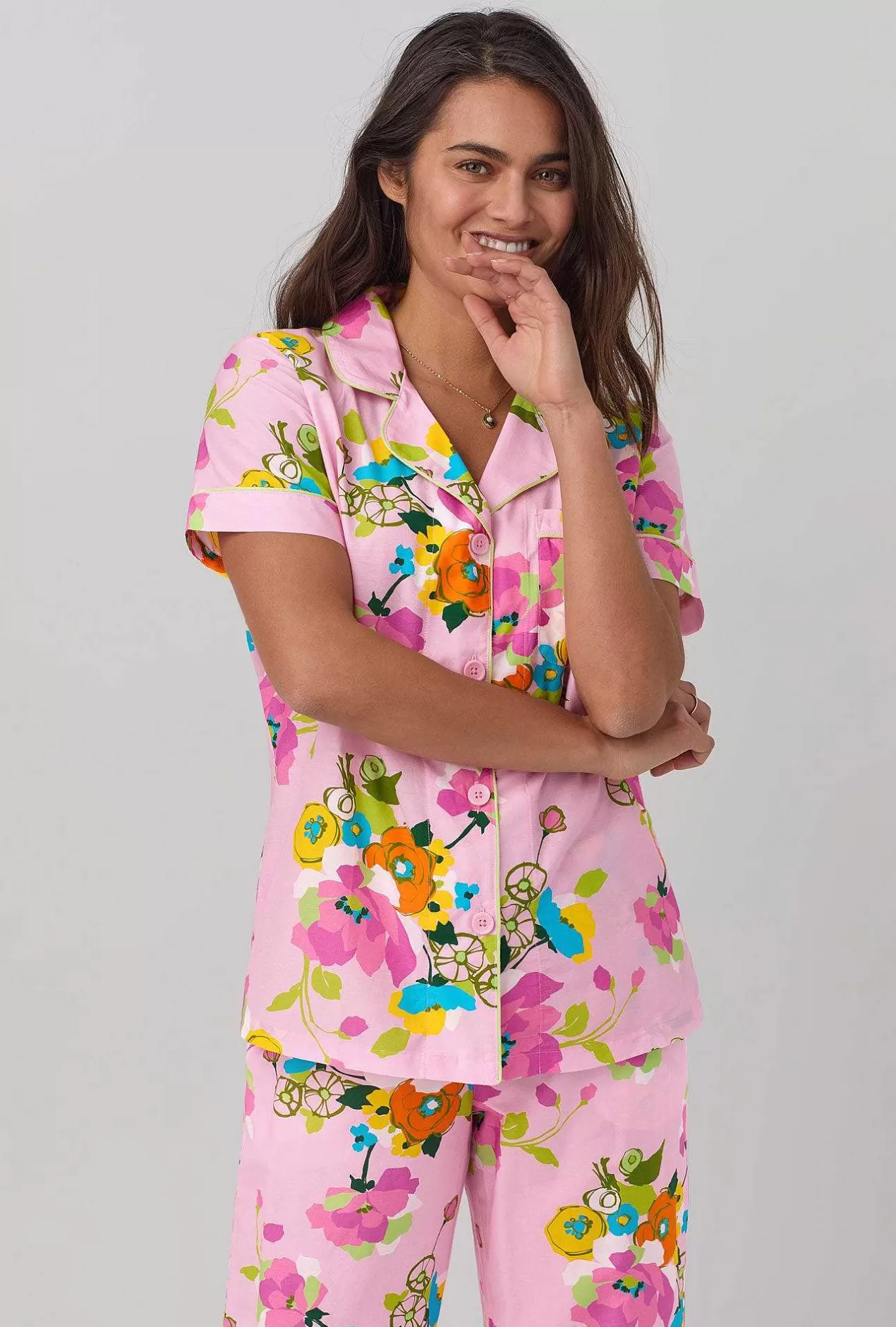 Extended Sizes*Bedhead Pajamas Bedhead X Trina Turk Summer Blooms Women'S Short Sleeve Classic Woven Cotton Silk Cropped Pj Set