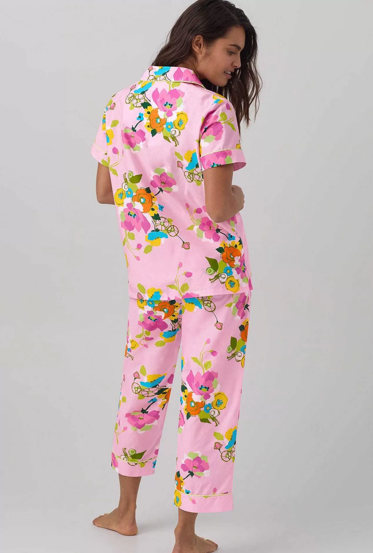 Extended Sizes*Bedhead Pajamas Bedhead X Trina Turk Summer Blooms Women'S Short Sleeve Classic Woven Cotton Silk Cropped Pj Set