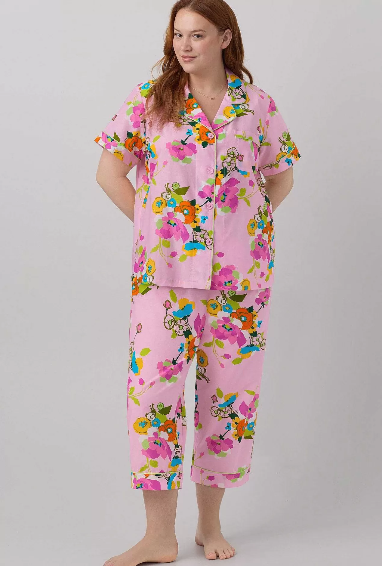 Floral Shop*Bedhead Pajamas Bedhead X Trina Turk Summer Blooms Women'S Short Sleeve Classic Woven Cotton Silk Cropped Pj Set
