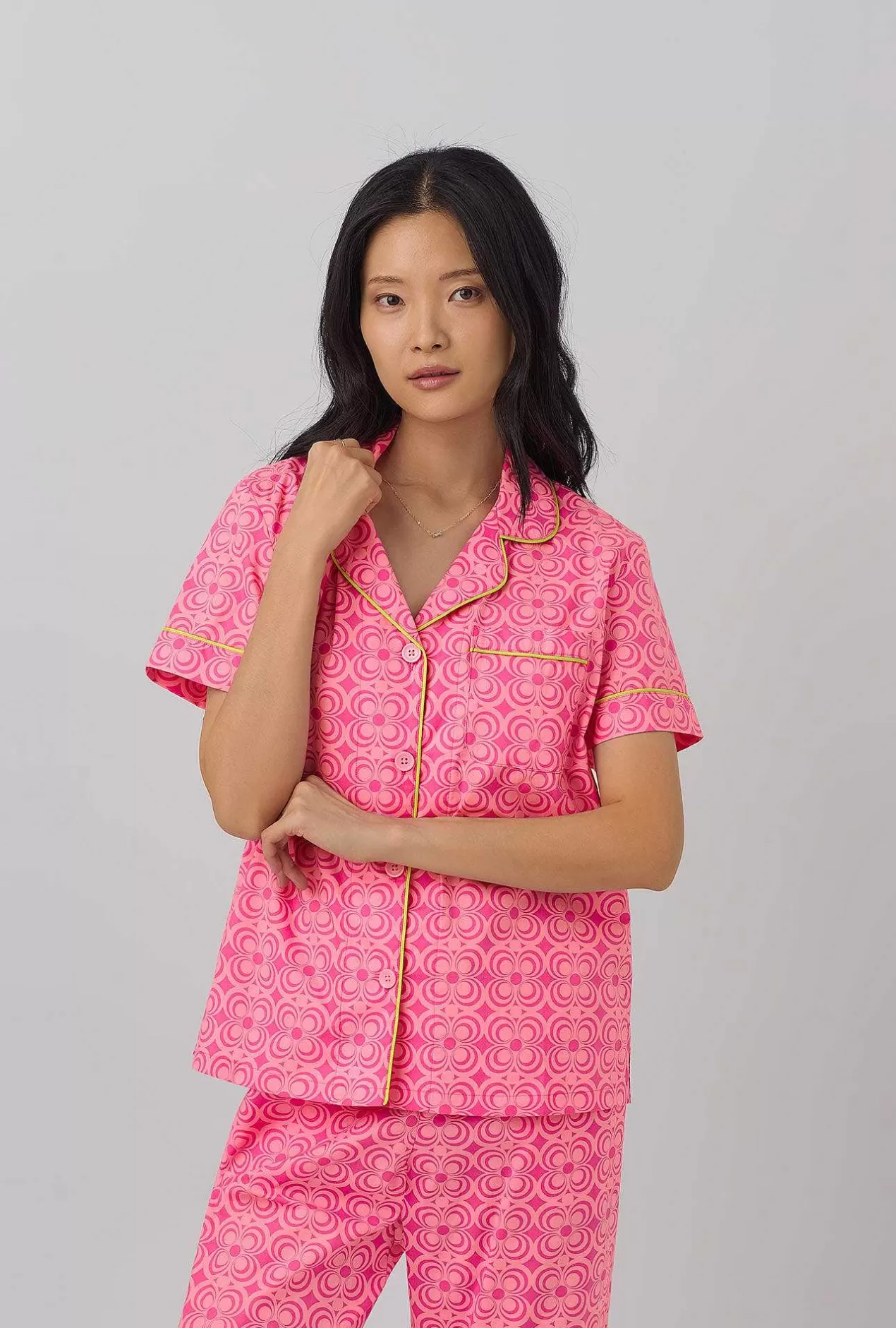 Extended Sizes*Bedhead Pajamas Bedhead X Trina Turk Summer Geo Short Sleeve Classic Woven Cotton Poplin Cropped Pj Set