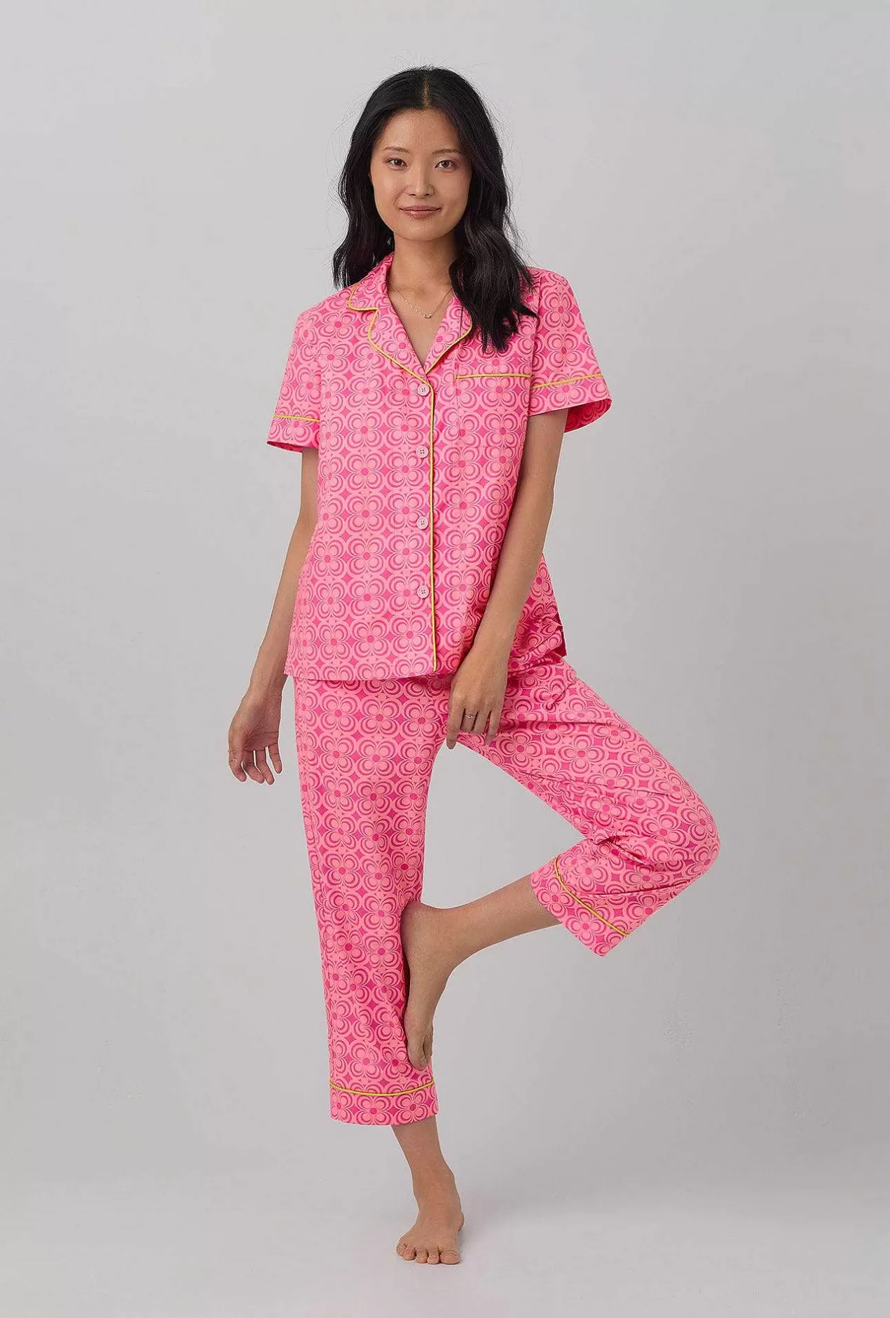 Extended Sizes*Bedhead Pajamas Bedhead X Trina Turk Summer Geo Short Sleeve Classic Woven Cotton Poplin Cropped Pj Set