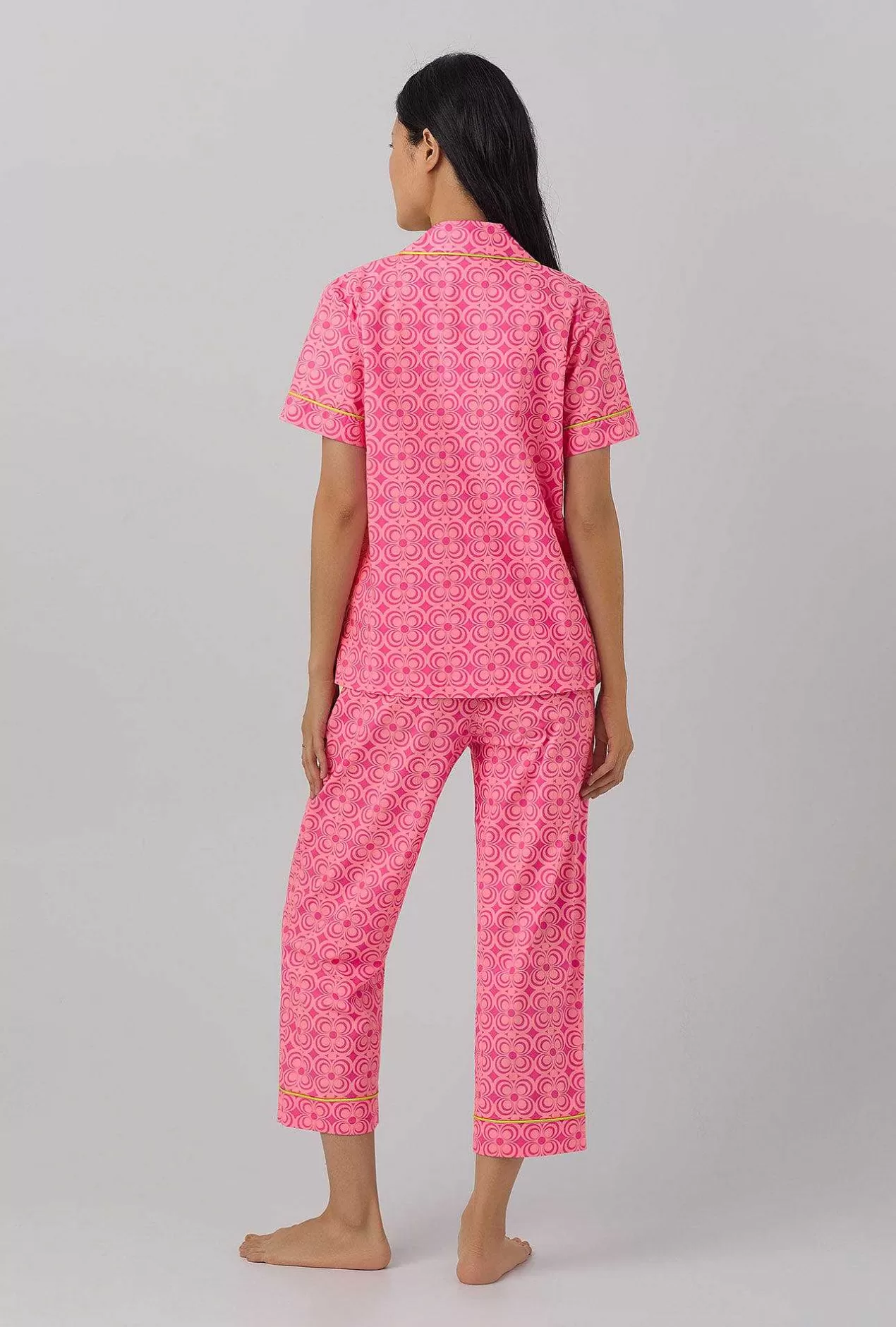 Extended Sizes*Bedhead Pajamas Bedhead X Trina Turk Summer Geo Short Sleeve Classic Woven Cotton Poplin Cropped Pj Set