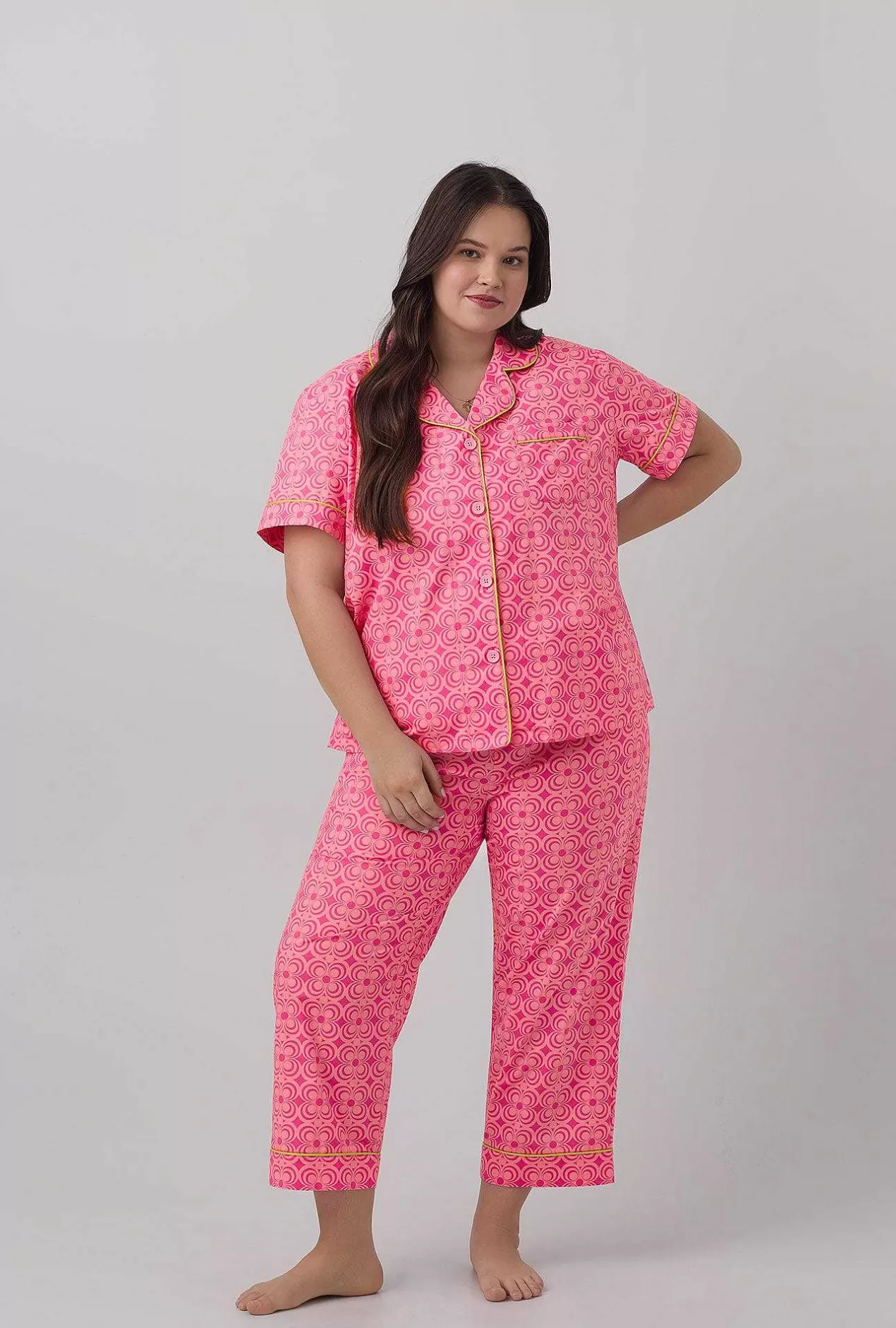 Extended Sizes*Bedhead Pajamas Bedhead X Trina Turk Summer Geo Short Sleeve Classic Woven Cotton Poplin Cropped Pj Set