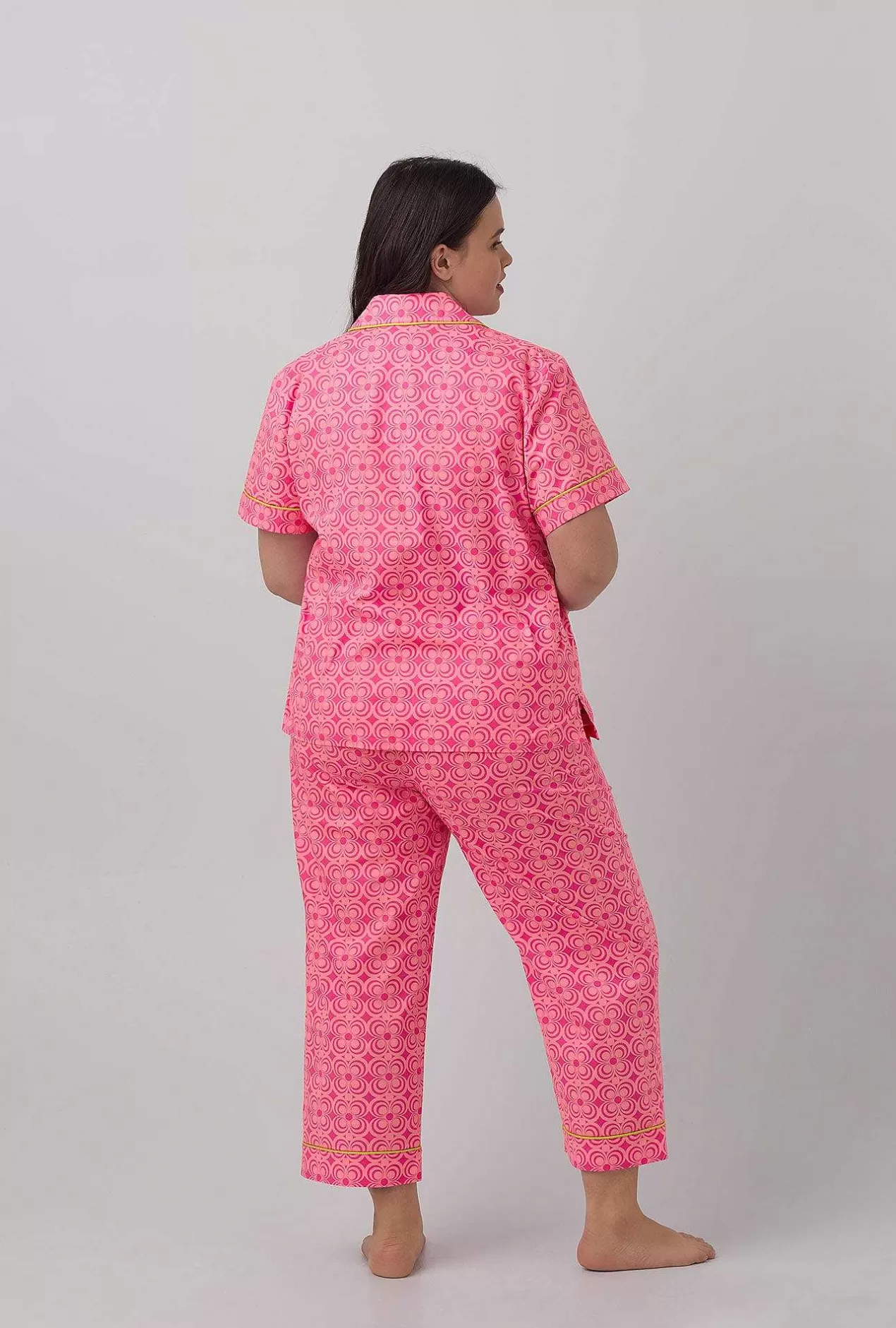 Extended Sizes*Bedhead Pajamas Bedhead X Trina Turk Summer Geo Short Sleeve Classic Woven Cotton Poplin Cropped Pj Set