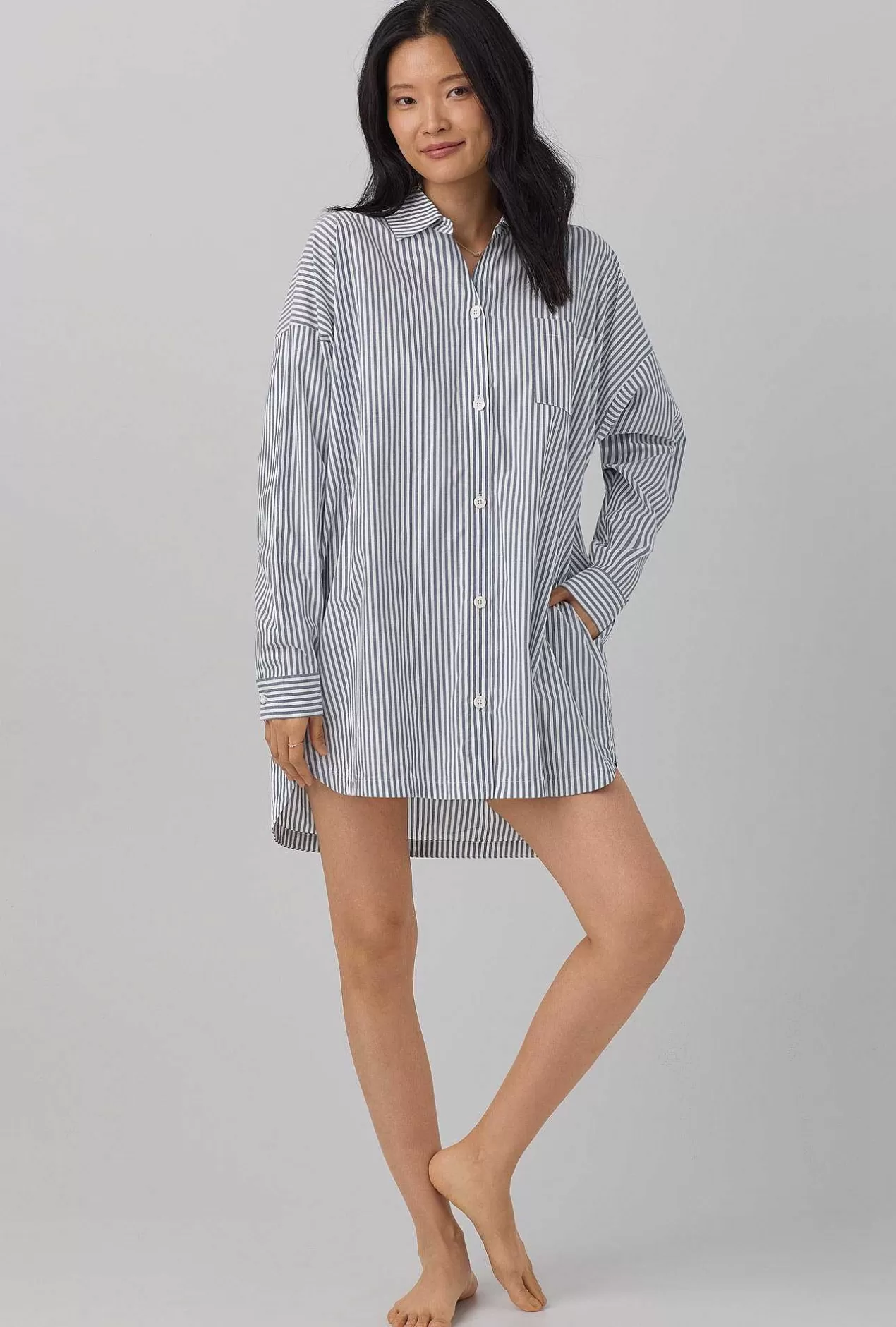 Extended Sizes*Bedhead Pajamas Blue South Shore Stripe High Low Woven Cotton Poplin Boyfriend Shirt