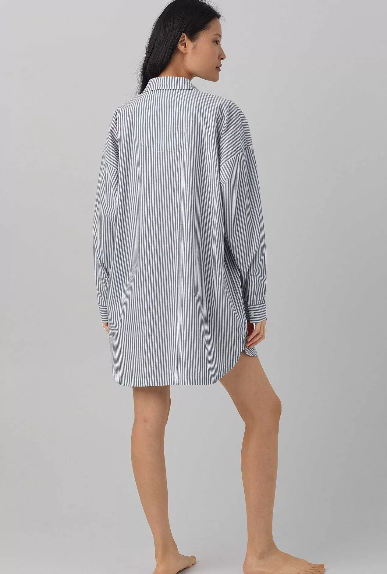 Mother'S Day*Bedhead Pajamas Blue South Shore Stripe High Low Woven Cotton Poplin Boyfriend Shirt