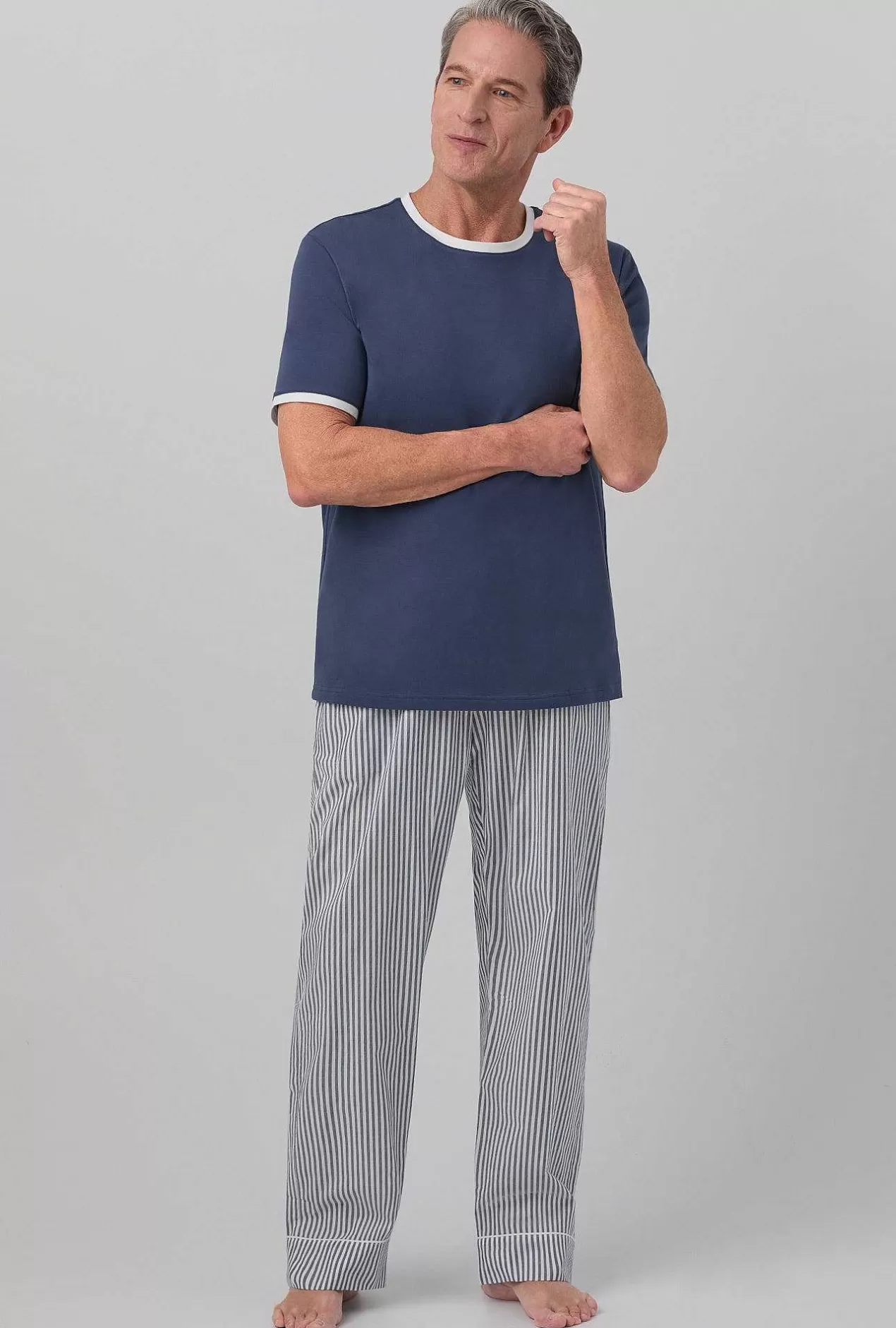 Stripe Shop*Bedhead Pajamas Blue South Shore Stripe Men'S Short Sleeve Tee Woven Cotton Poplin Pj Set