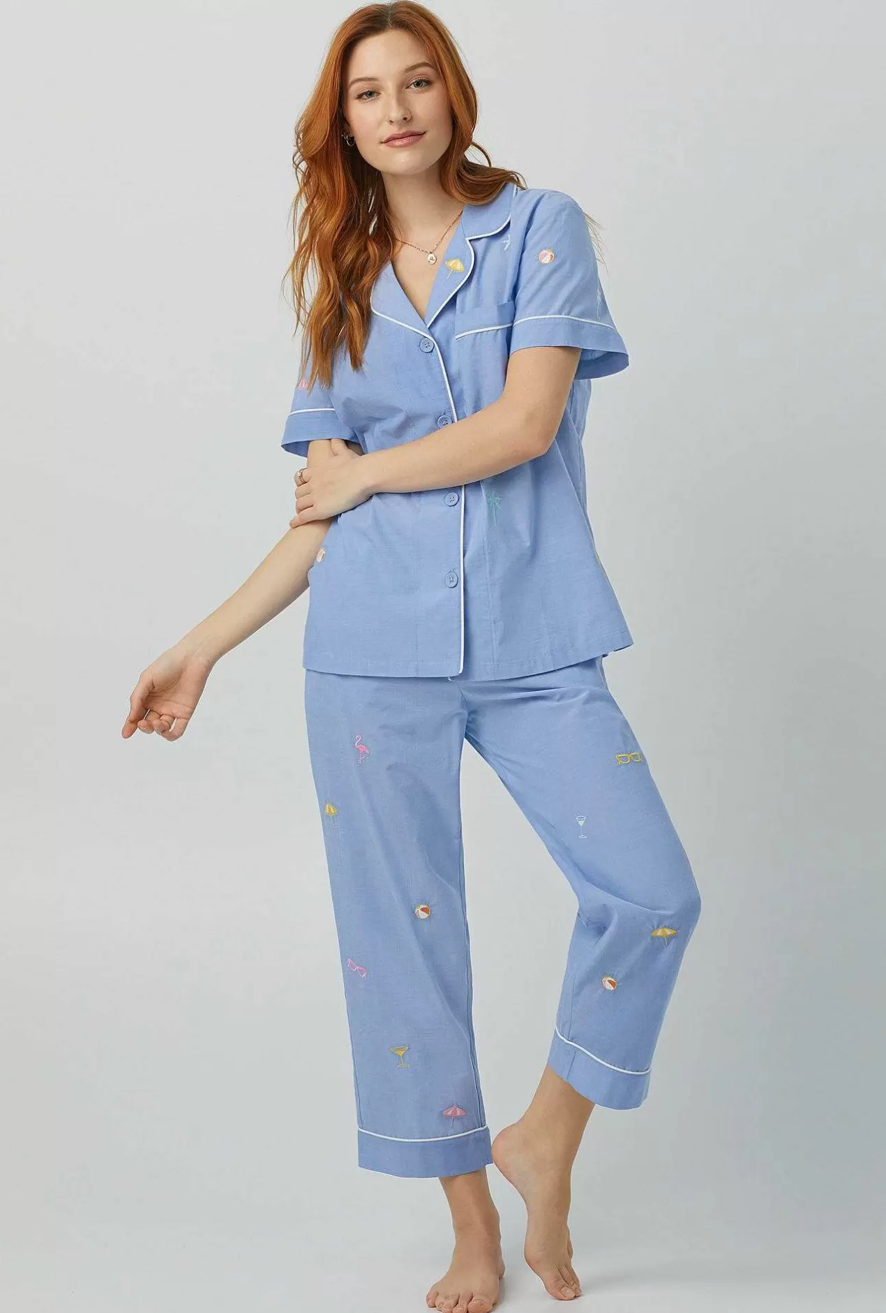 Extended Sizes*Bedhead Pajamas Chambray Short Sleeve Classic Woven Cotton Poplin Cropped Pj Set