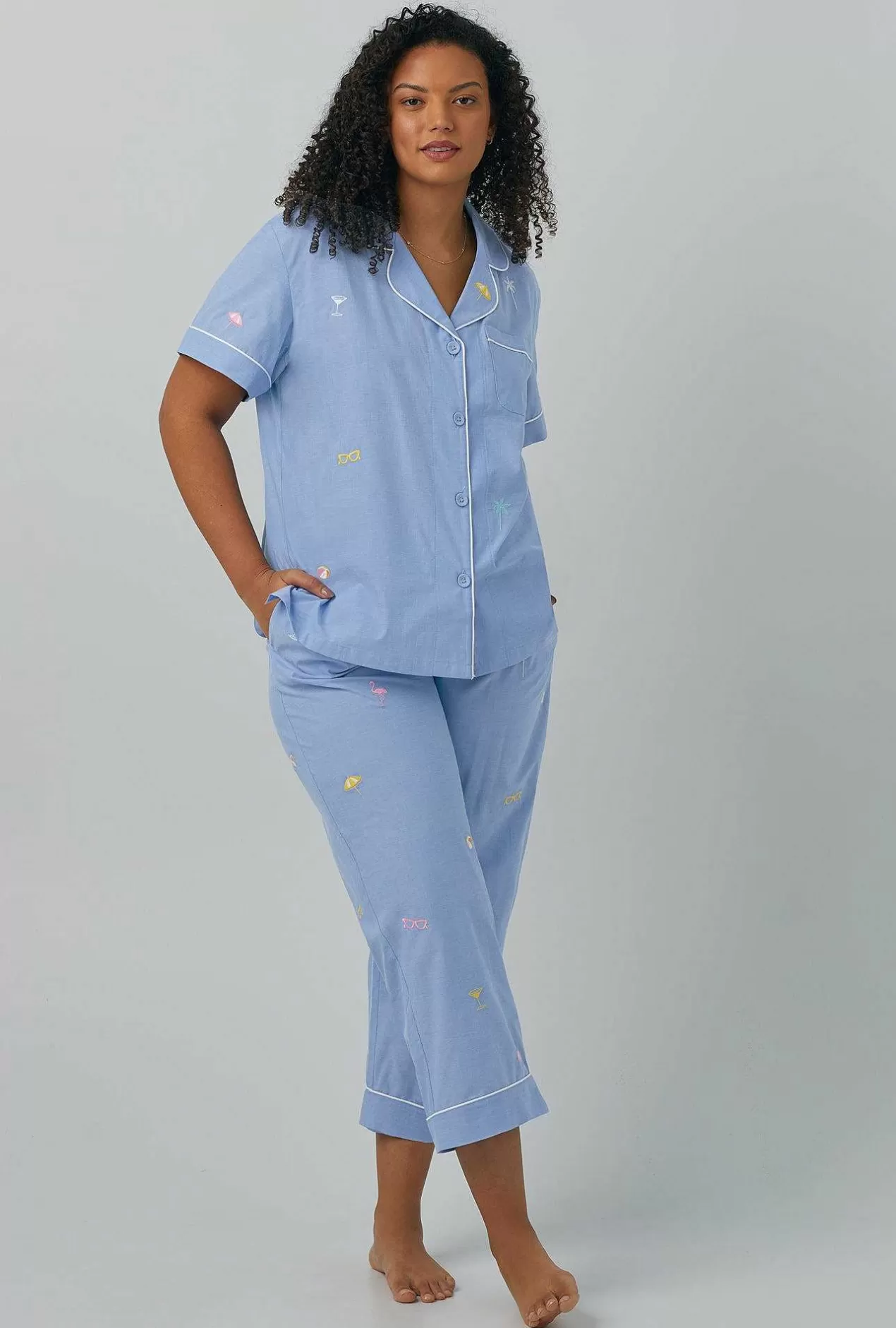 Extended Sizes*Bedhead Pajamas Chambray Short Sleeve Classic Woven Cotton Poplin Cropped Pj Set