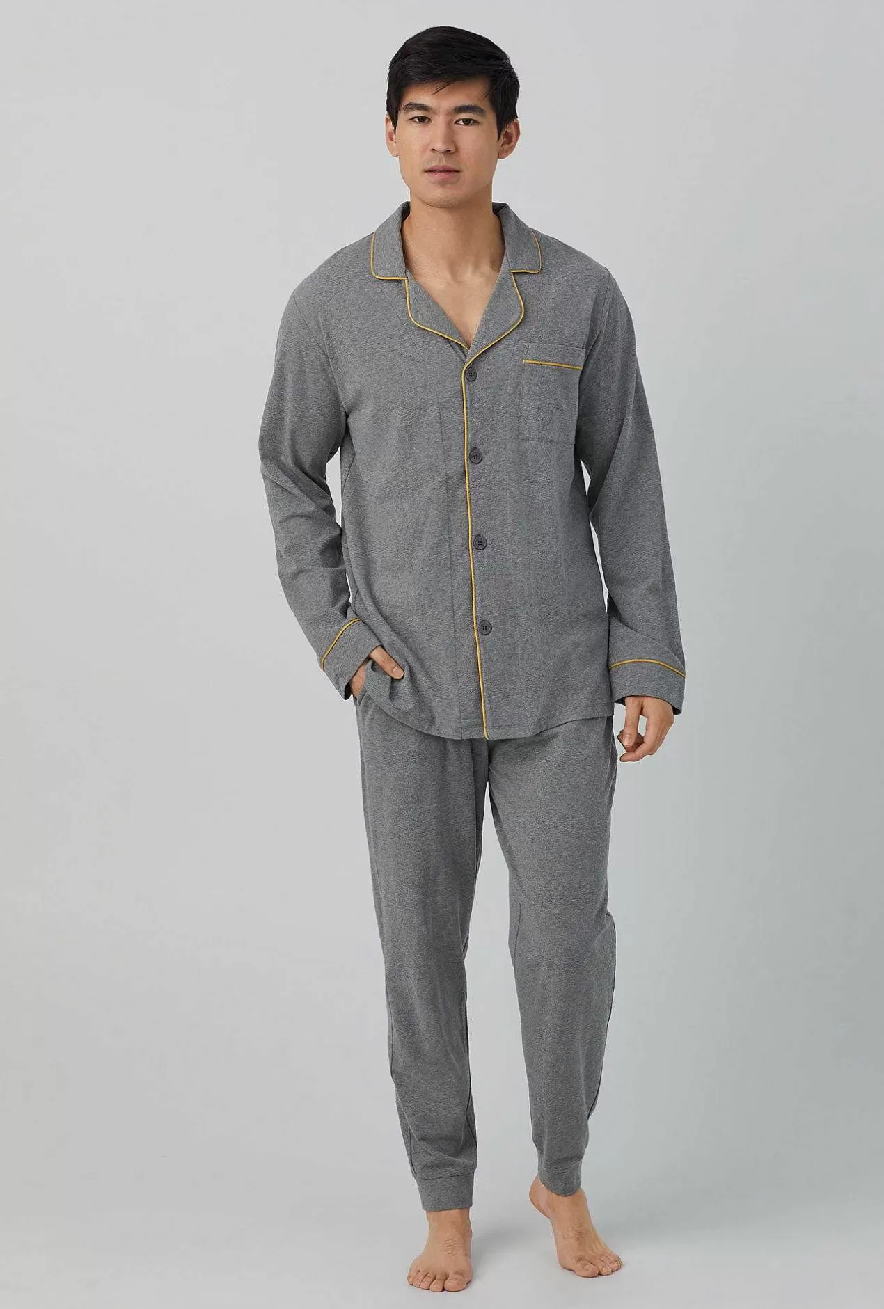 Lounge*Bedhead Pajamas Charcoal Heather Men'S Long Sleeve And Jogger Stretch Jersey Pj Set