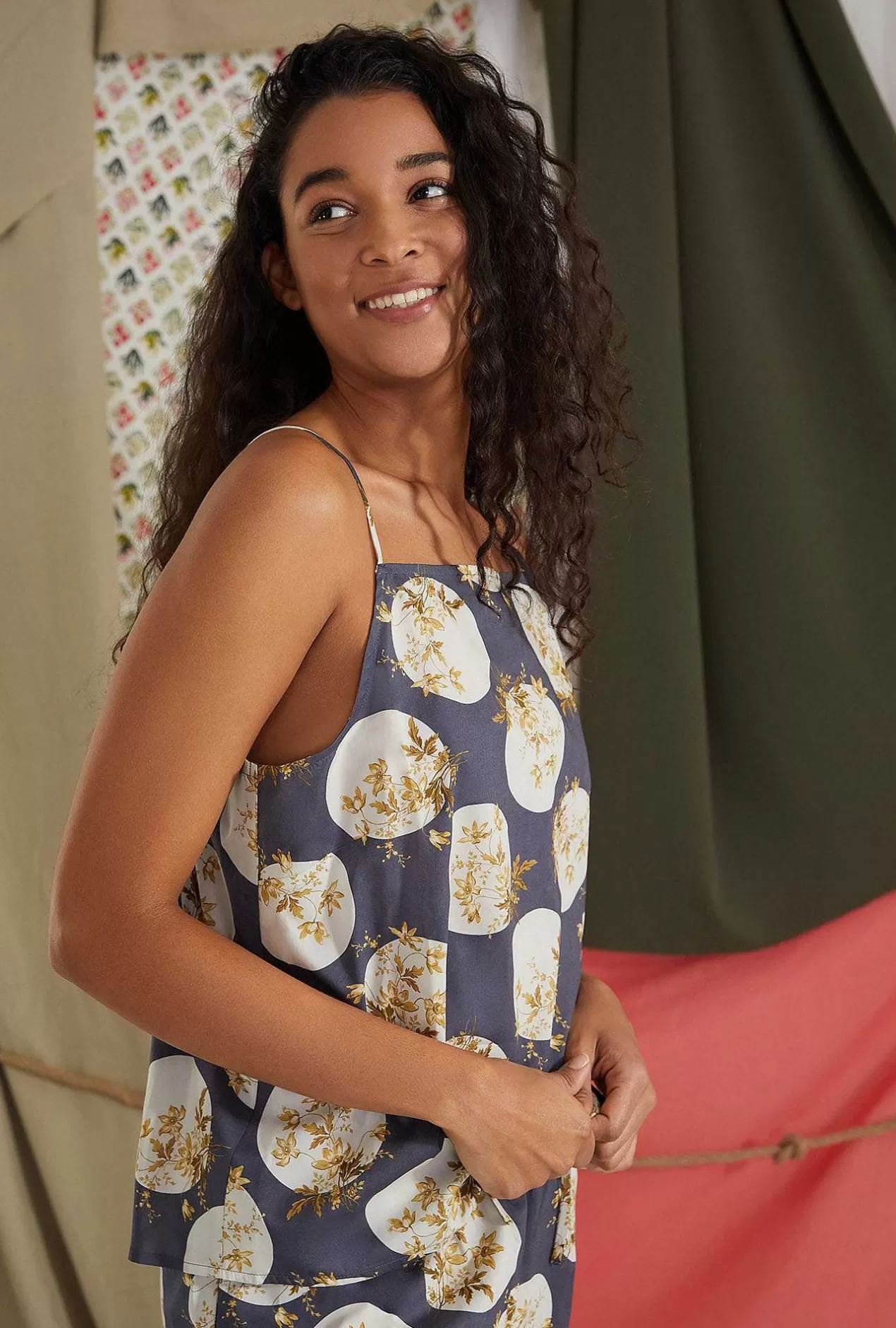 Made With Liberty Fabrics*Bedhead Pajamas Charcoal Posey Square Neck Tank Woven Cotton Tana Lawn® Cropped Pj Set Made With Liberty Fabrics