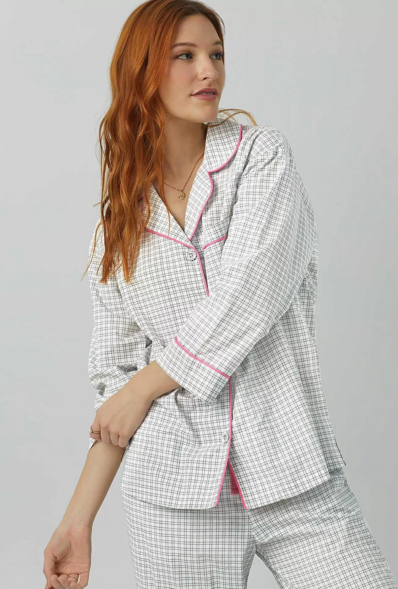 Cropped Sets*Bedhead Pajamas Cottage Plaid 3/4 Sleeve Classic Woven Cotton Poplin Cropped Pj Set