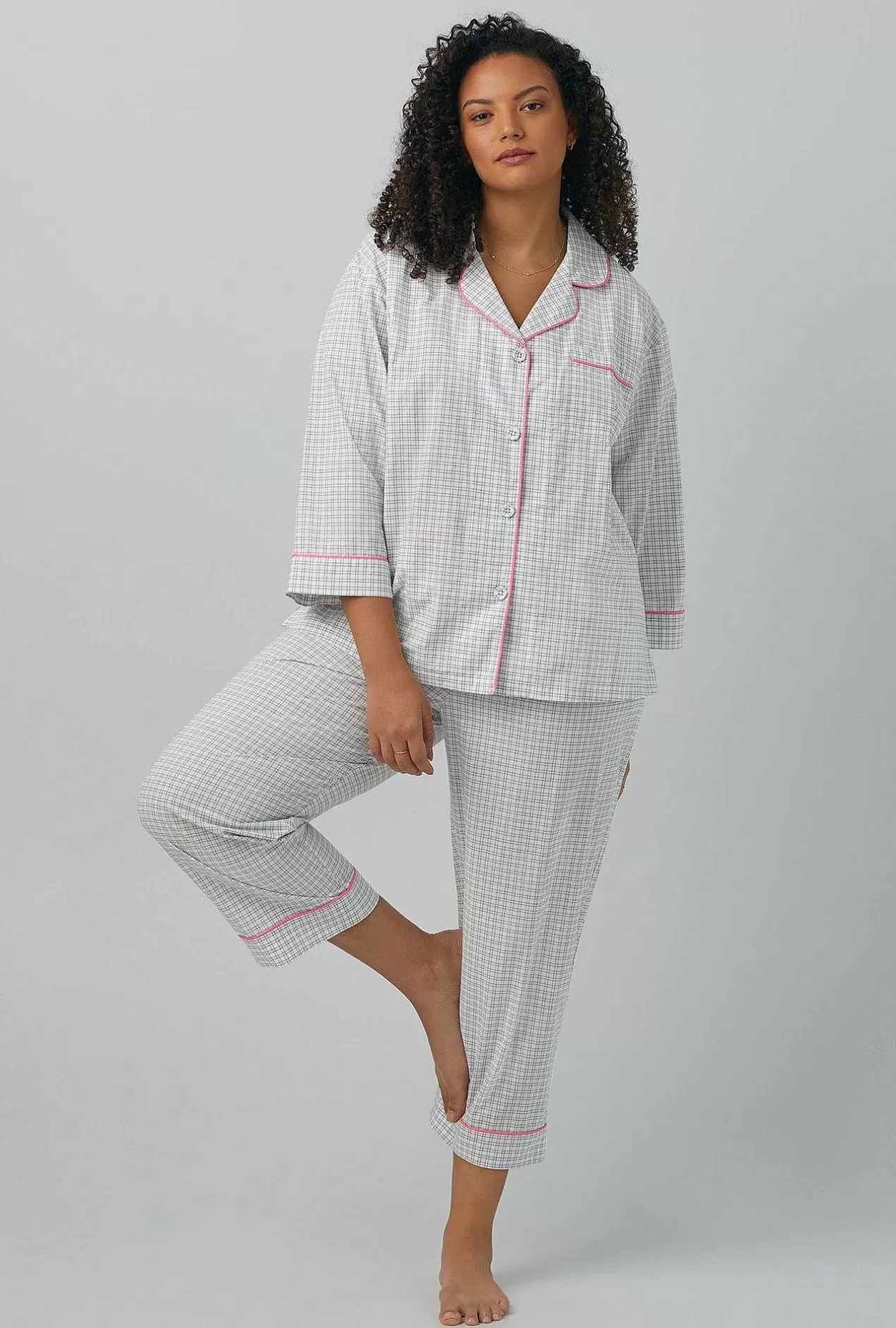 Cropped Sets*Bedhead Pajamas Cottage Plaid 3/4 Sleeve Classic Woven Cotton Poplin Cropped Pj Set