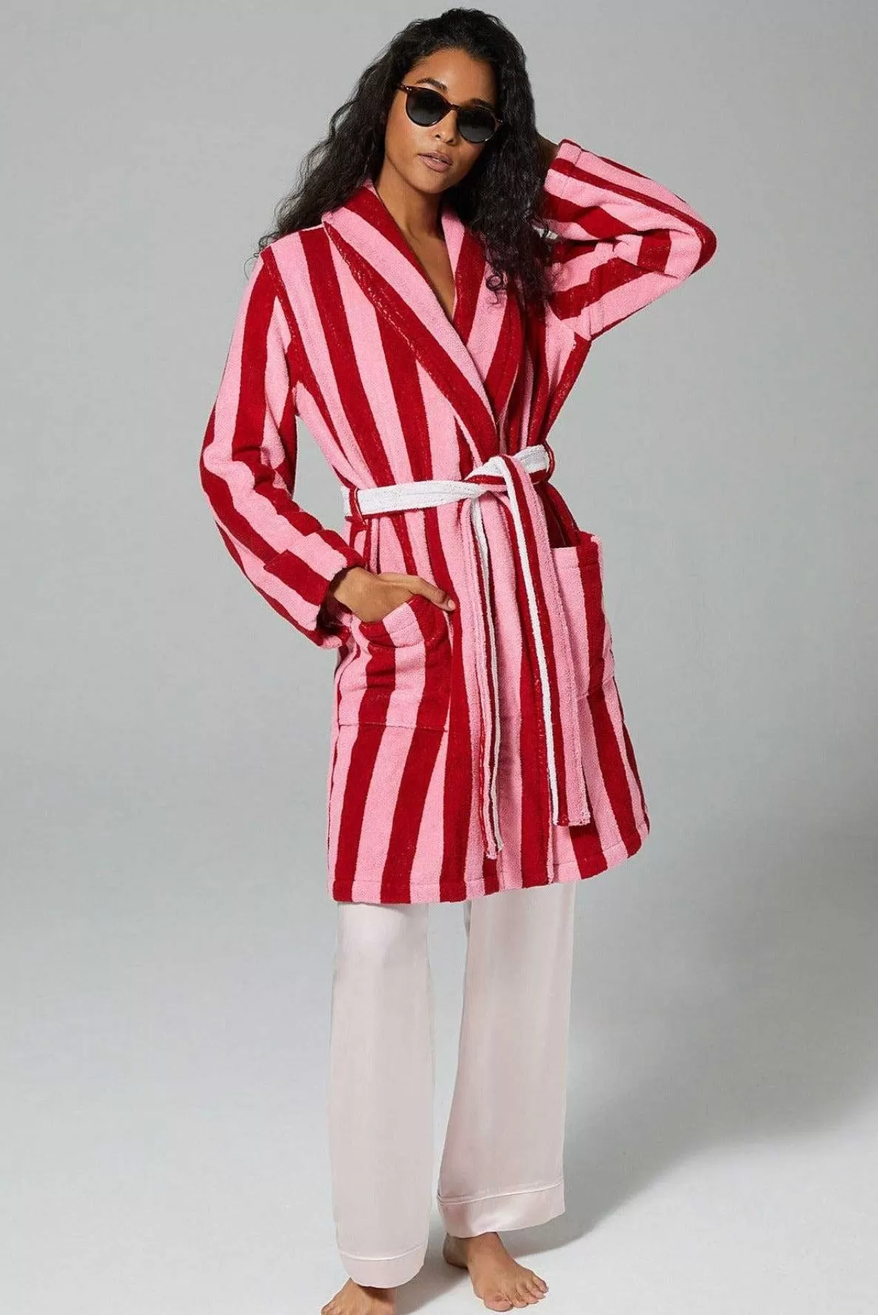 Robes*Bedhead Pajamas Cottage Stripe Unisex Short Woven Cotton Loop Turkish Terry Jacquard Robe