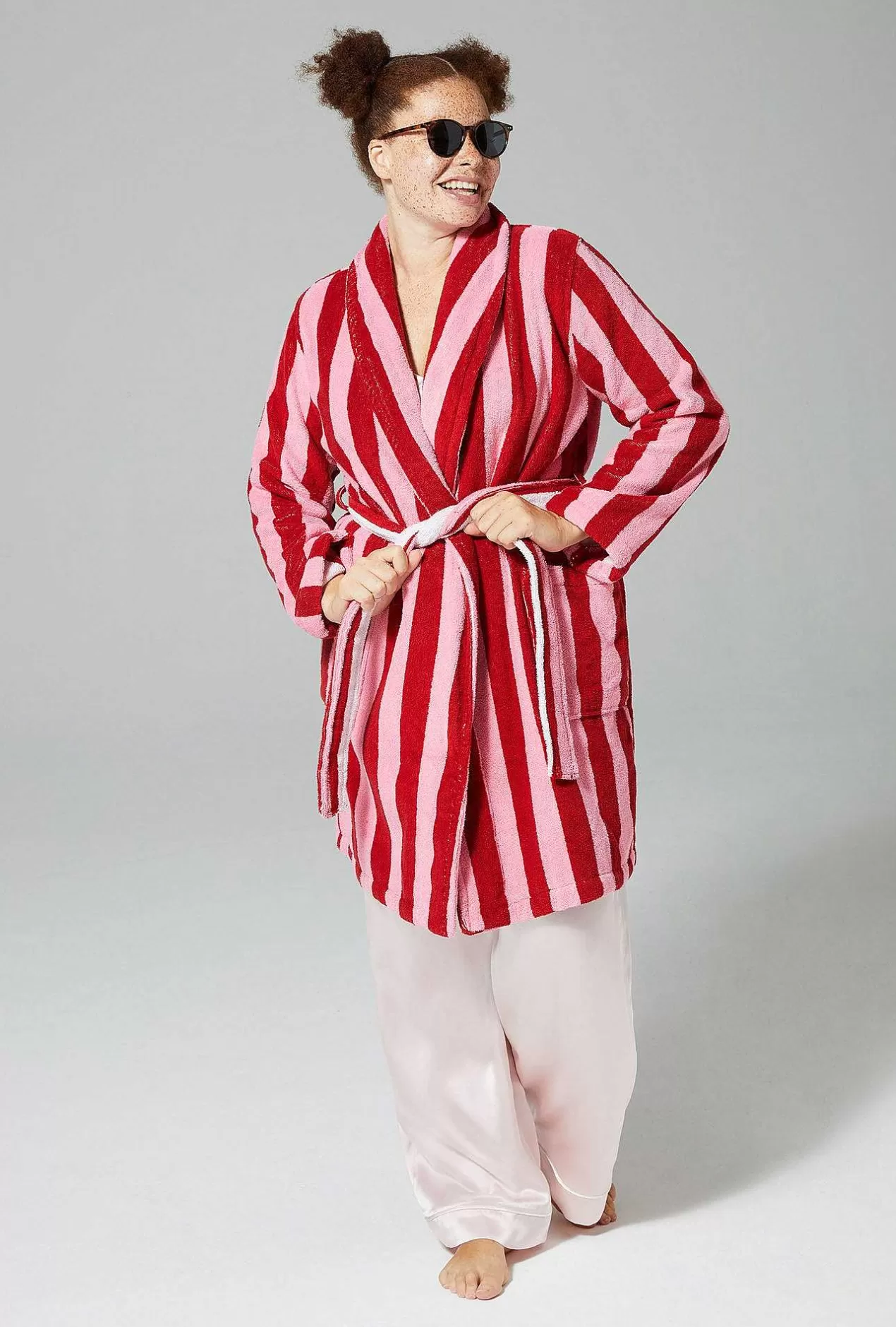 Robes*Bedhead Pajamas Cottage Stripe Unisex Short Woven Cotton Loop Turkish Terry Jacquard Robe
