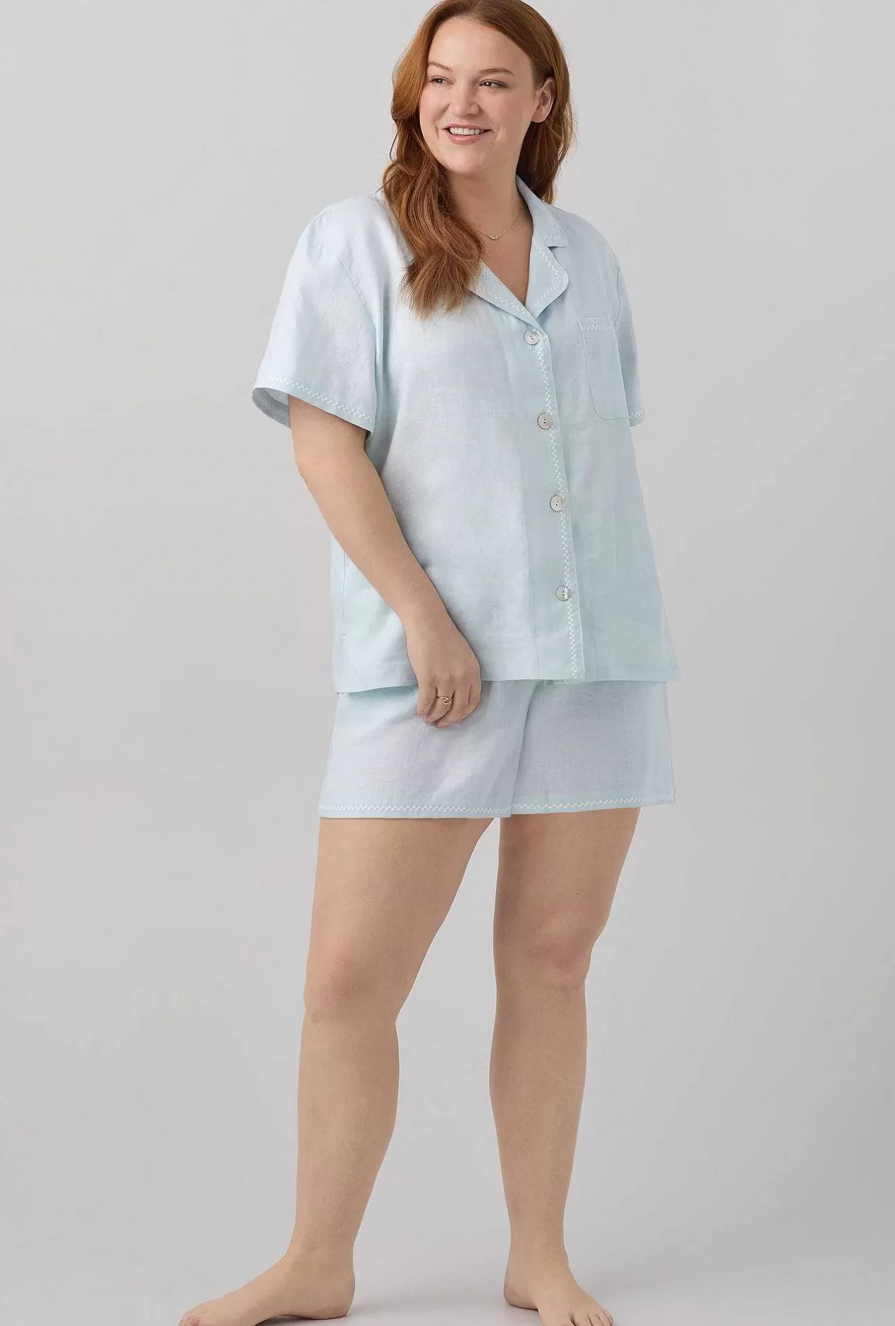 Extended Sizes*Bedhead Pajamas Delicate Blue Sleeve Classic Shorty Woven Linen Pj Set
