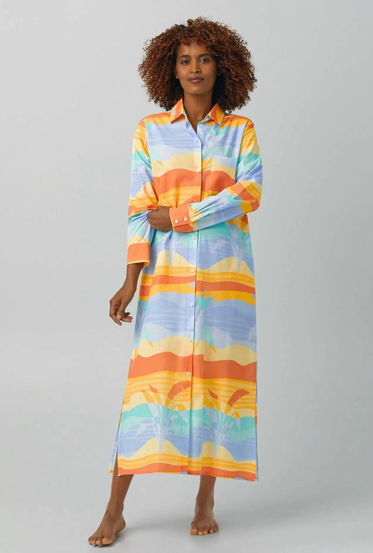 Extended Sizes*Bedhead Pajamas Desert Palms Long Sleeve Maxi Collared Woven Cotton Poplin Sleepshirt