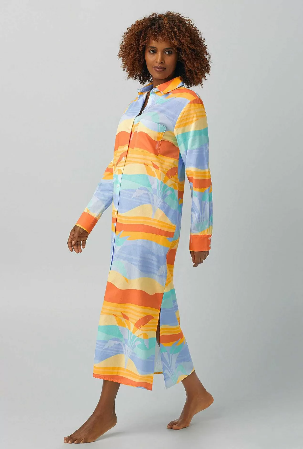 Extended Sizes*Bedhead Pajamas Desert Palms Long Sleeve Maxi Collared Woven Cotton Poplin Sleepshirt