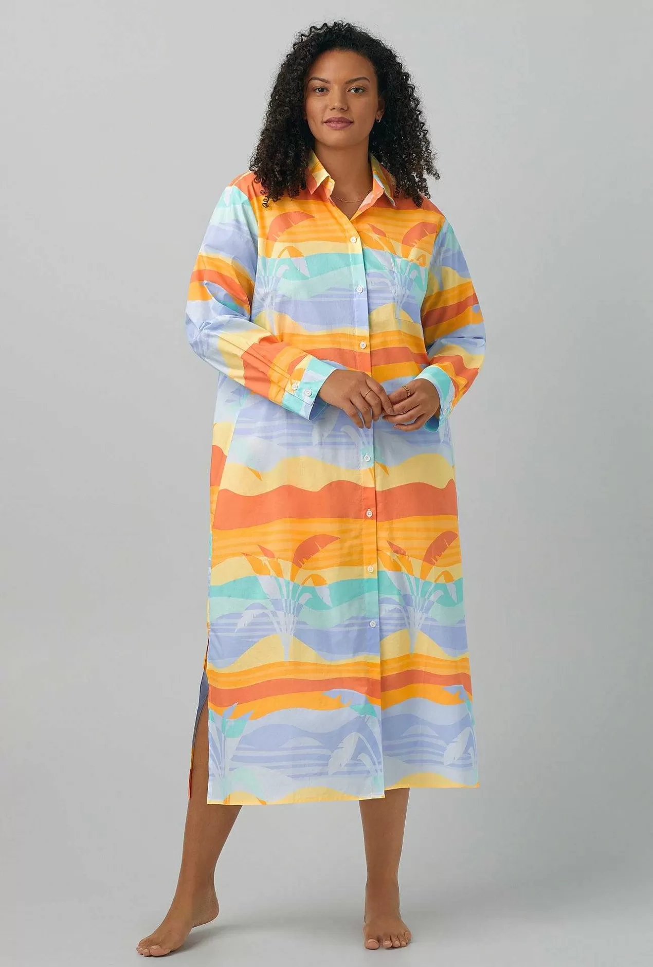 Extended Sizes*Bedhead Pajamas Desert Palms Long Sleeve Maxi Collared Woven Cotton Poplin Sleepshirt