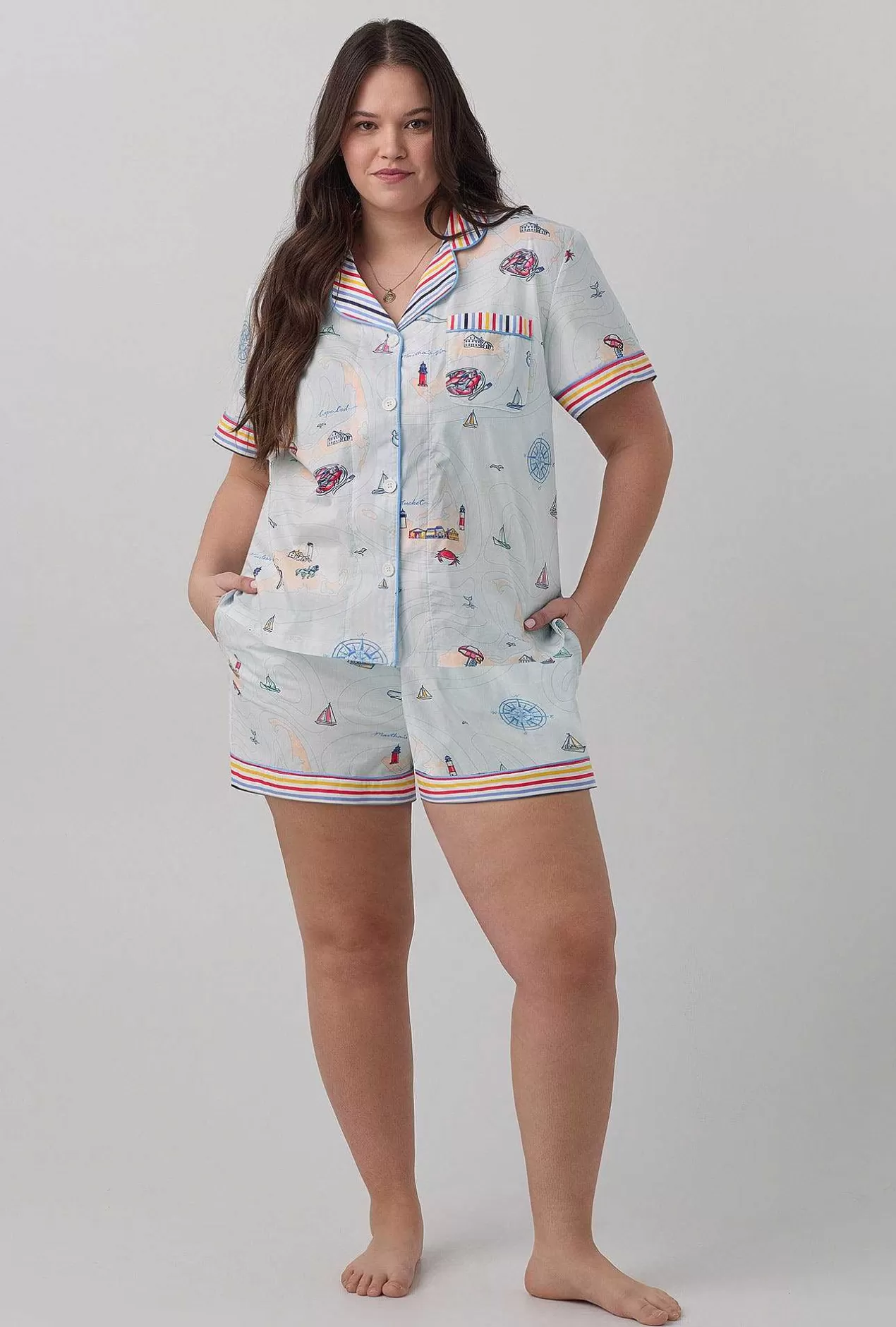 Stripe Shop*Bedhead Pajamas Eastern Seaboard Short Sleeve Classic Shorty Woven Cotton Poplin Pj Set