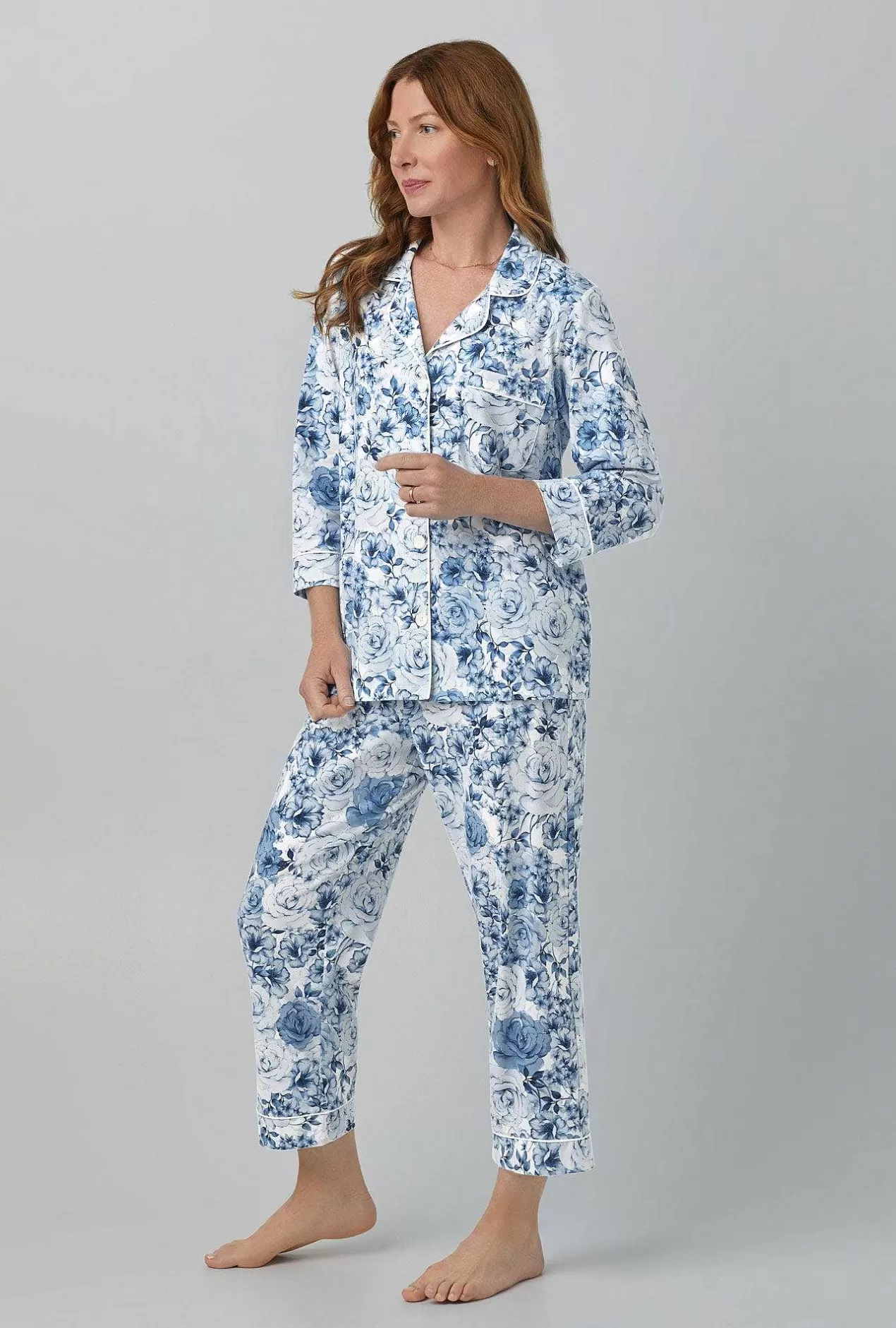 Floral Shop*Bedhead Pajamas Eternal Blooms 3/4 Sleeve Classic Stretch Jersey Cropped Pj Set