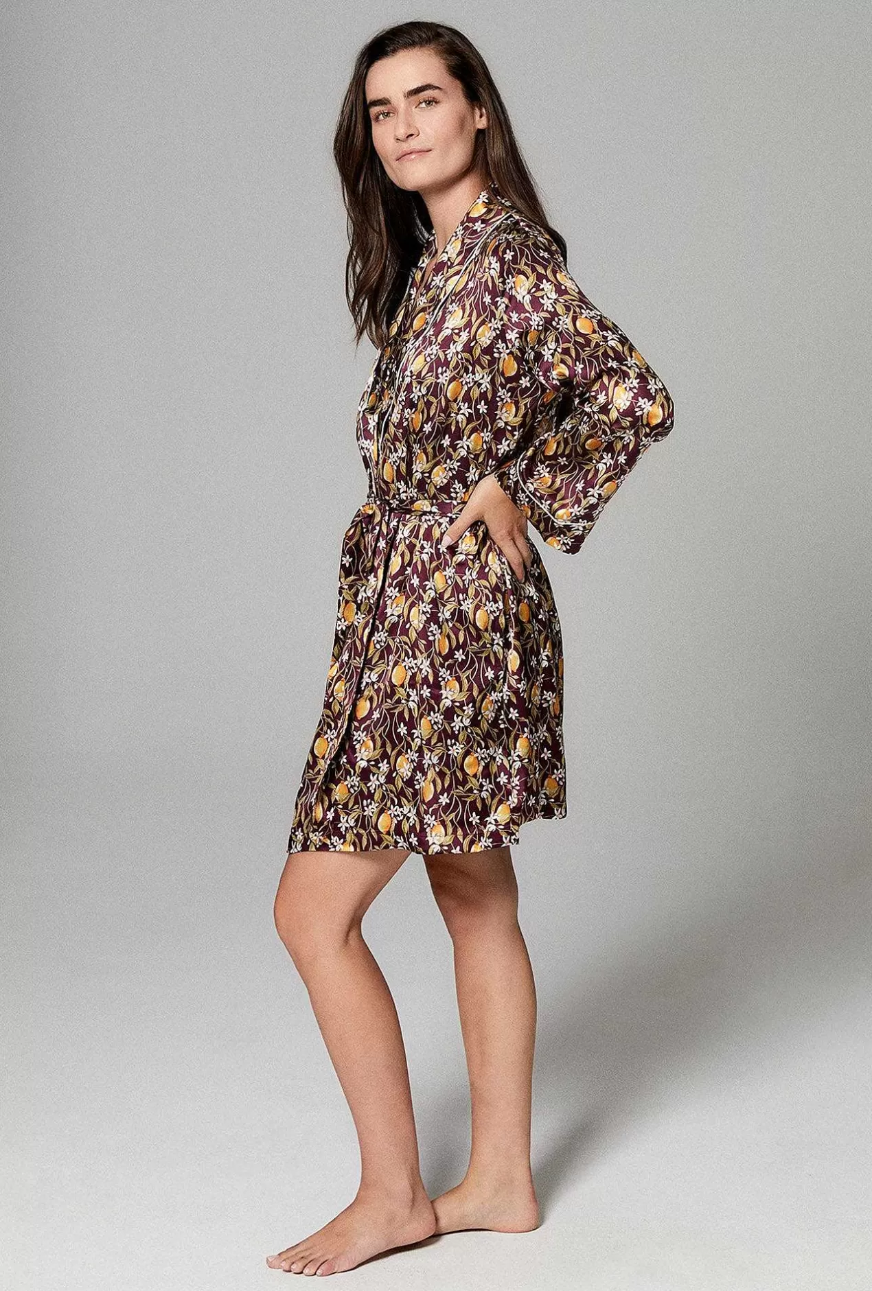 Made With Liberty Fabrics*Bedhead Pajamas Lemon Blossom Shawl Collar Silk Satin Robe Made With Liberty Fabric