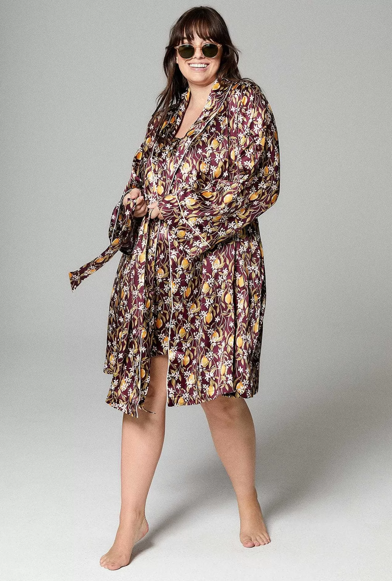 Robes*Bedhead Pajamas Lemon Blossom Shawl Collar Silk Satin Robe Made With Liberty Fabric