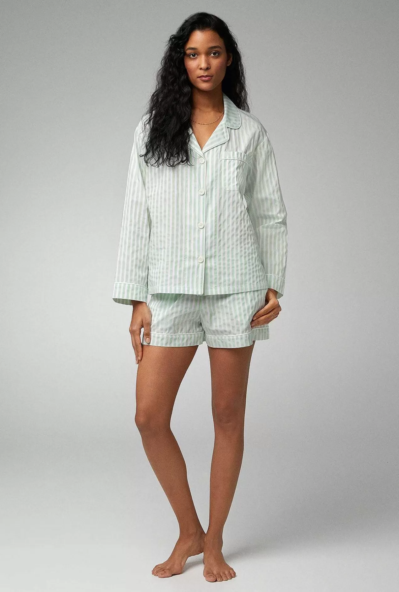 Stripe Shop*Bedhead Pajamas Mint 3D Stripe Long Sleeve Classic Woven Cotton Sateen Shorty Pj Set