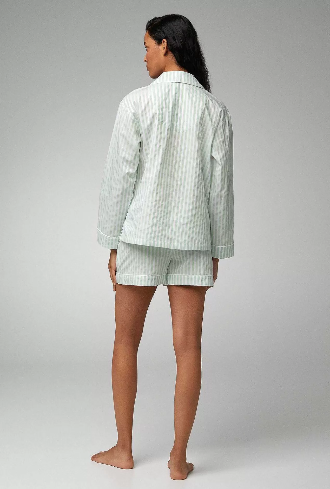 Shorty Sets*Bedhead Pajamas Mint 3D Stripe Long Sleeve Classic Woven Cotton Sateen Shorty Pj Set