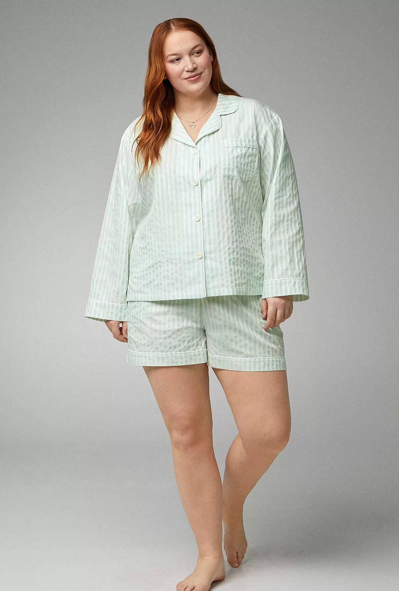 Stripe Shop*Bedhead Pajamas Mint 3D Stripe Long Sleeve Classic Woven Cotton Sateen Shorty Pj Set