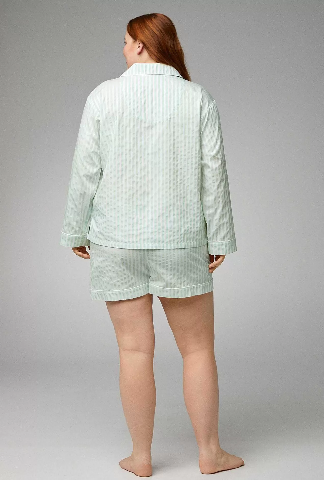 Shorty Sets*Bedhead Pajamas Mint 3D Stripe Long Sleeve Classic Woven Cotton Sateen Shorty Pj Set