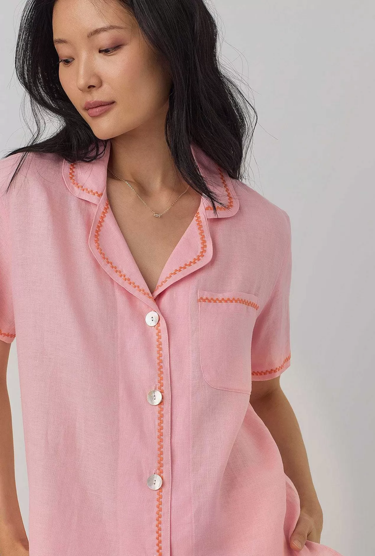 Extended Sizes*Bedhead Pajamas Orchid Pink Short Sleeve Classic Shorty Woven Linen Pj Set