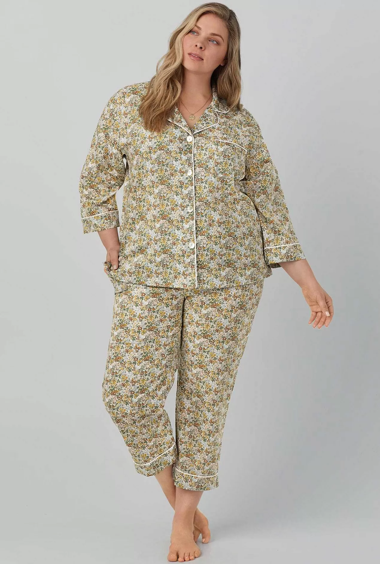 Cropped Sets*Bedhead Pajamas Penstemon 3/4 Sleeve Classic Woven Cotton Tana Lawn® Cropped Pj Set Made With Liberty Fabrics