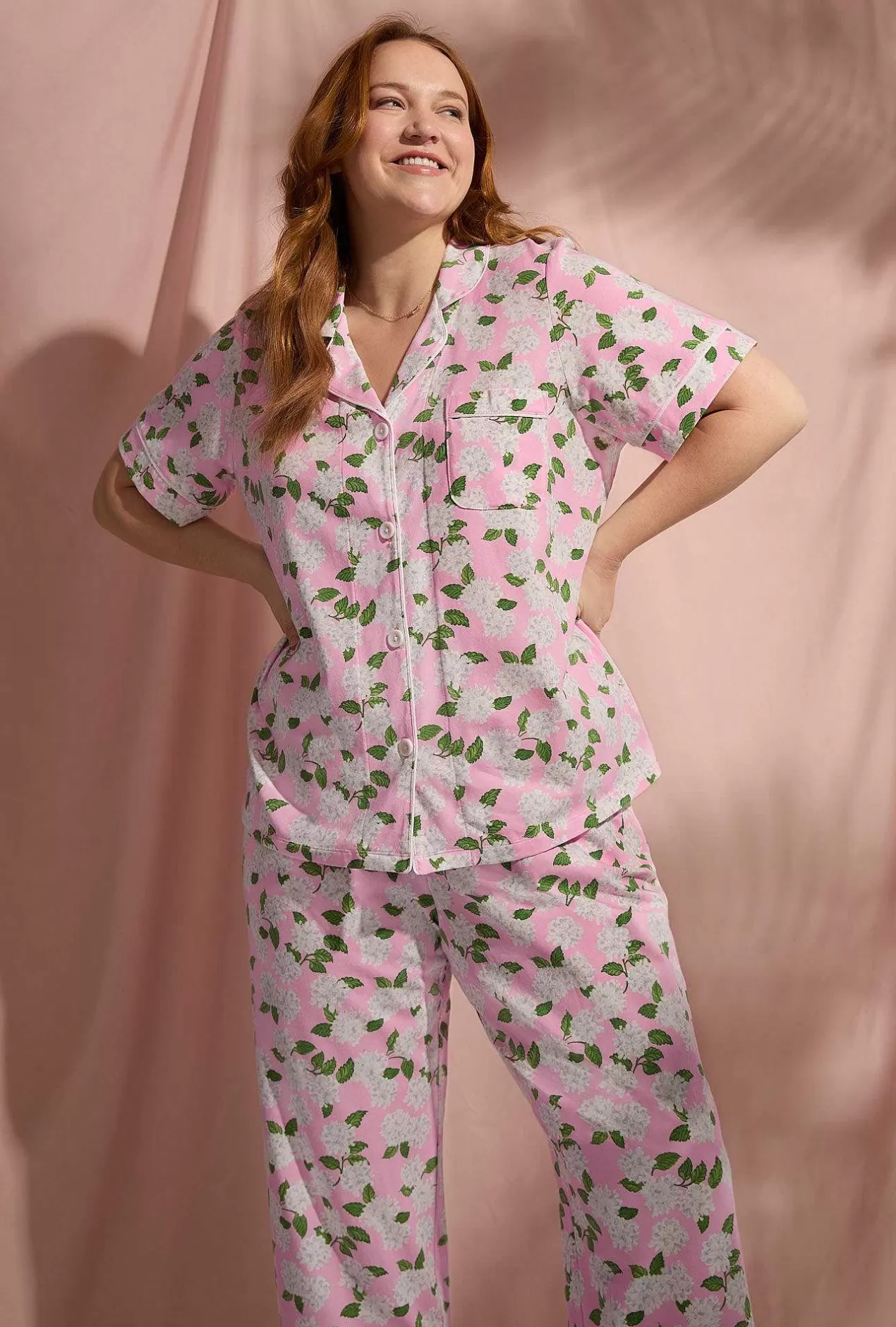 Floral Shop*Bedhead Pajamas Pink Summer Hydrangea Short Sleeve Classic Stretch Jersey Cropped Pj Set
