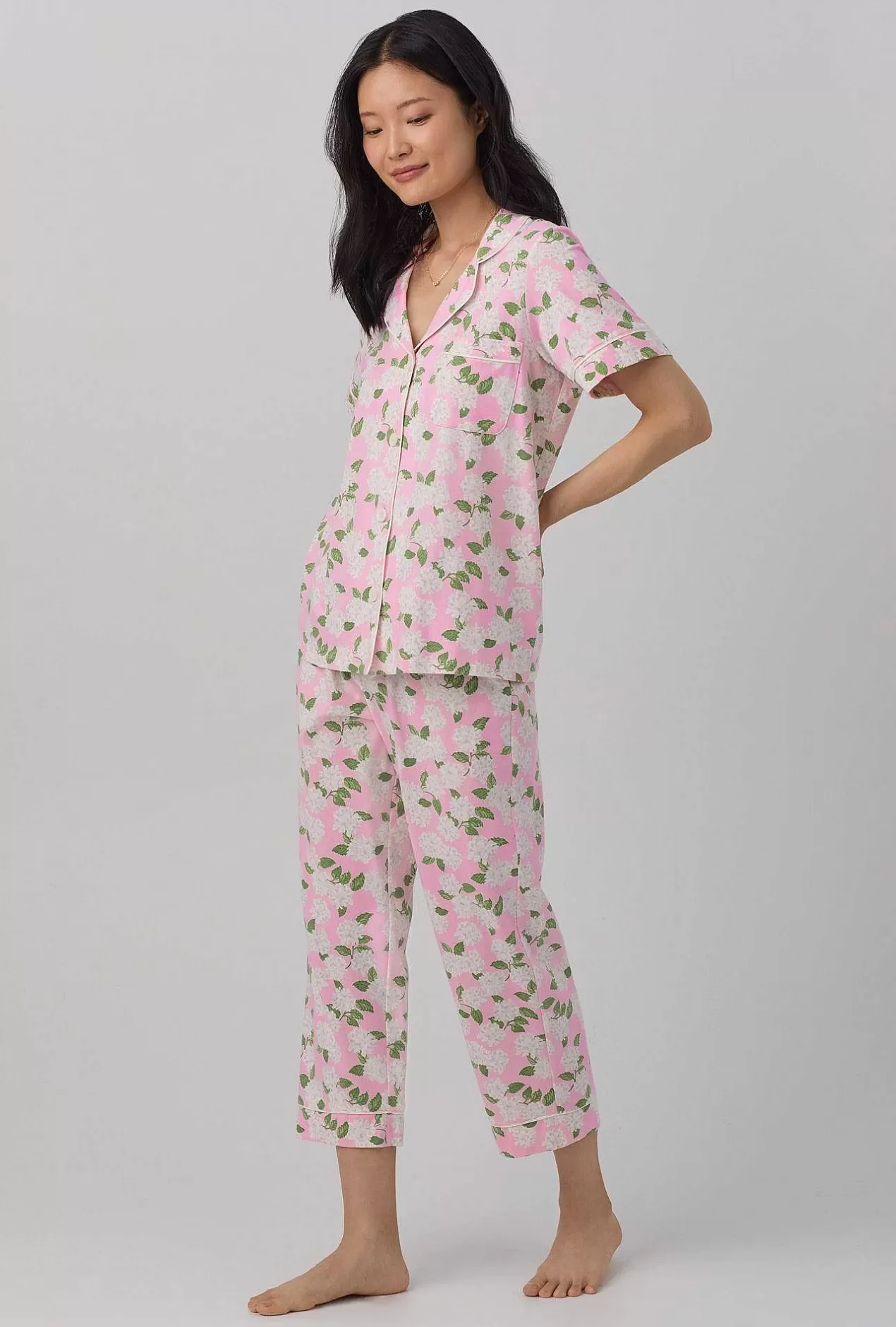 Mother'S Day*Bedhead Pajamas Pink Summer Hydrangea Short Sleeve Classic Stretch Jersey Cropped Pj Set